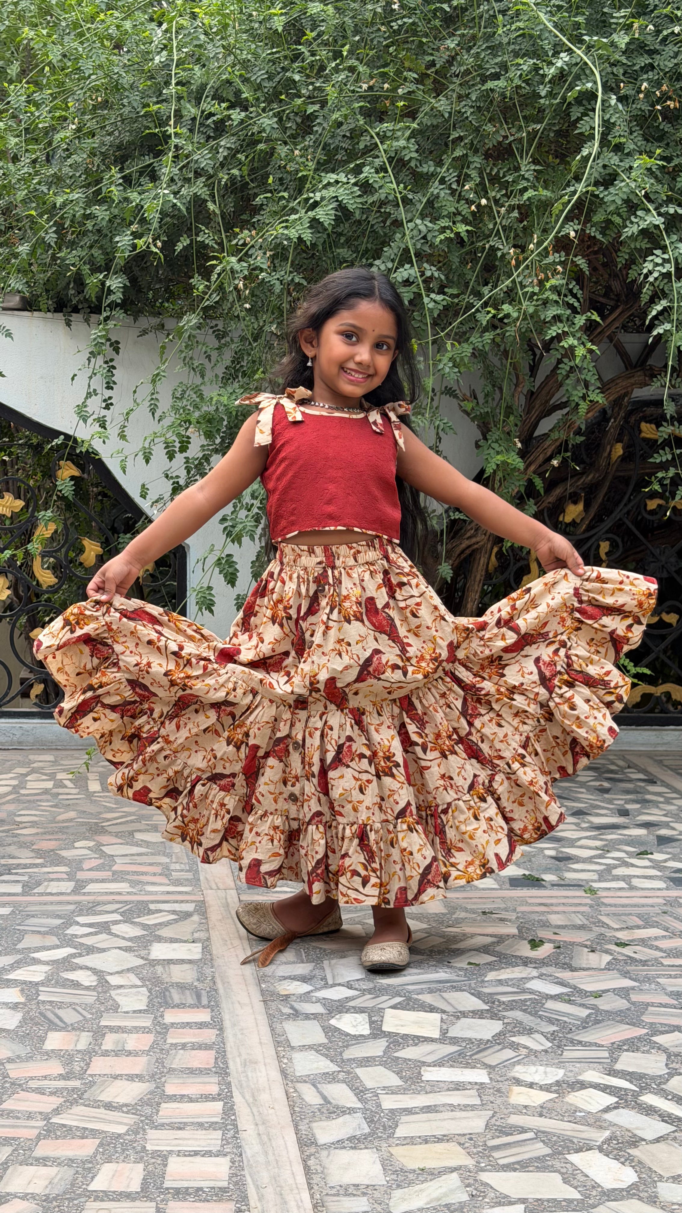 Cotton Skirt with Slub Raw Silk Top