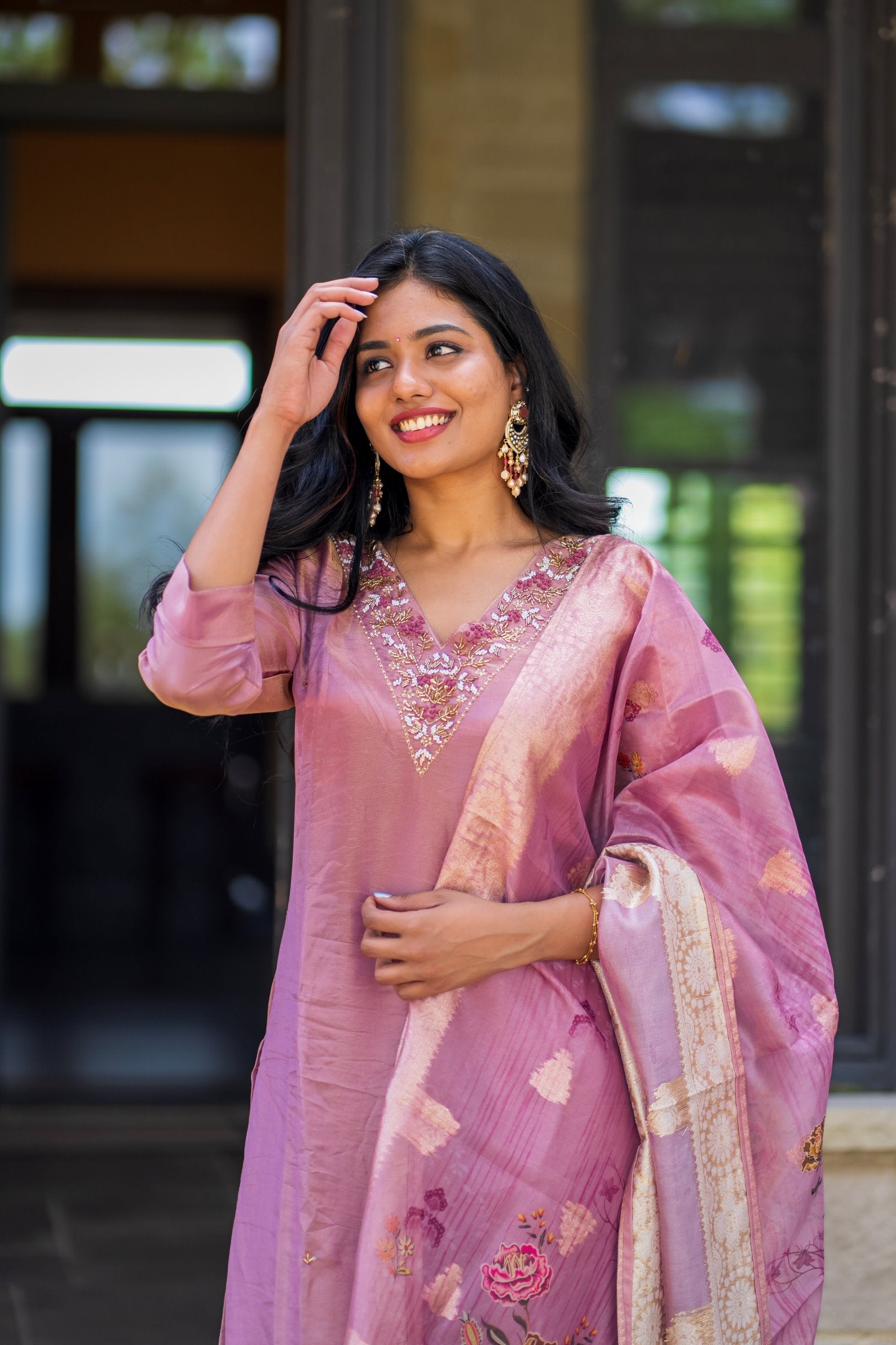 Elegant V-Neck Tissue Kurti