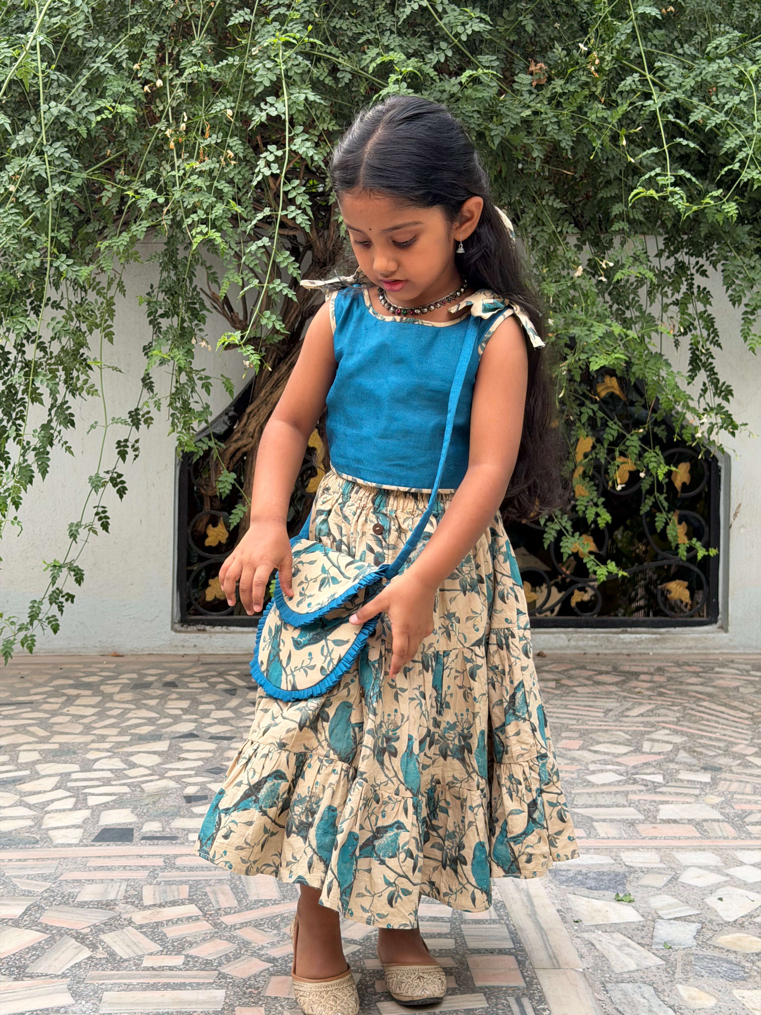 Blue Cotton Skirt with Slub Raw Silk Top