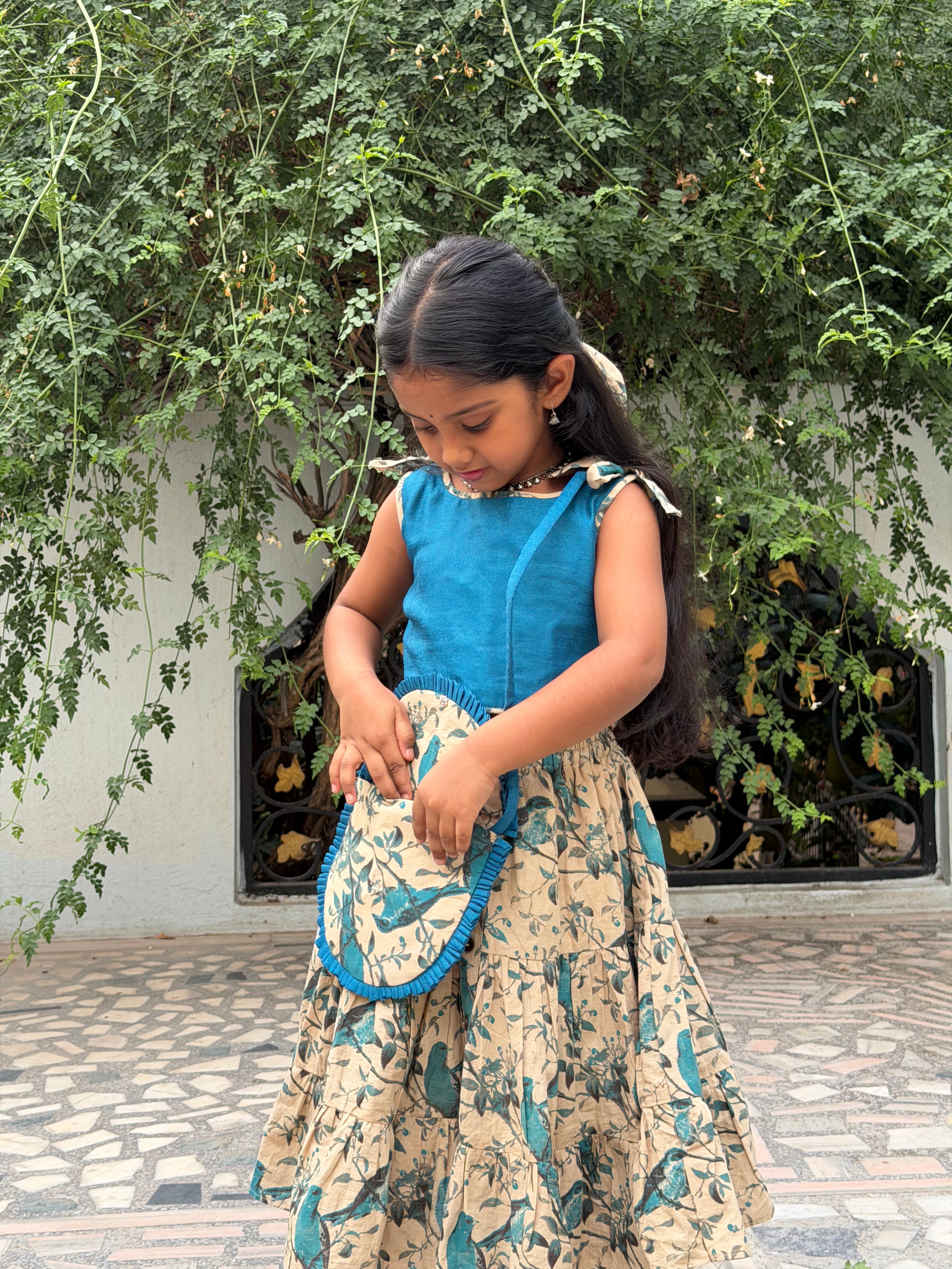 Blue Cotton Skirt with Slub Raw Silk Top