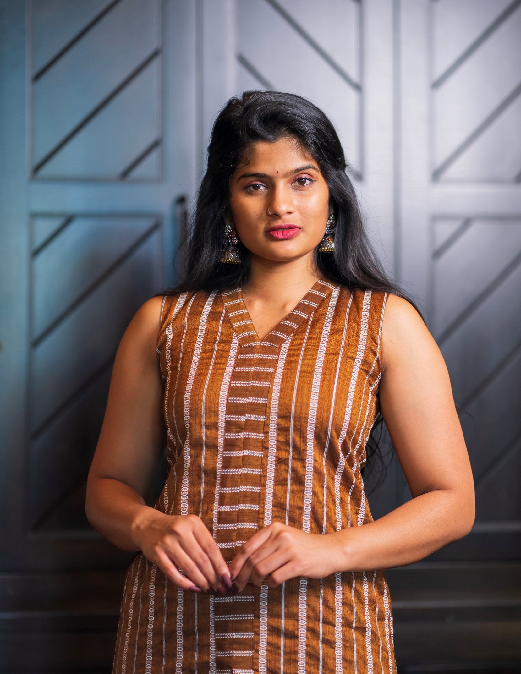 Blended Cotton & Silk Striped A-Line Co-ord Set