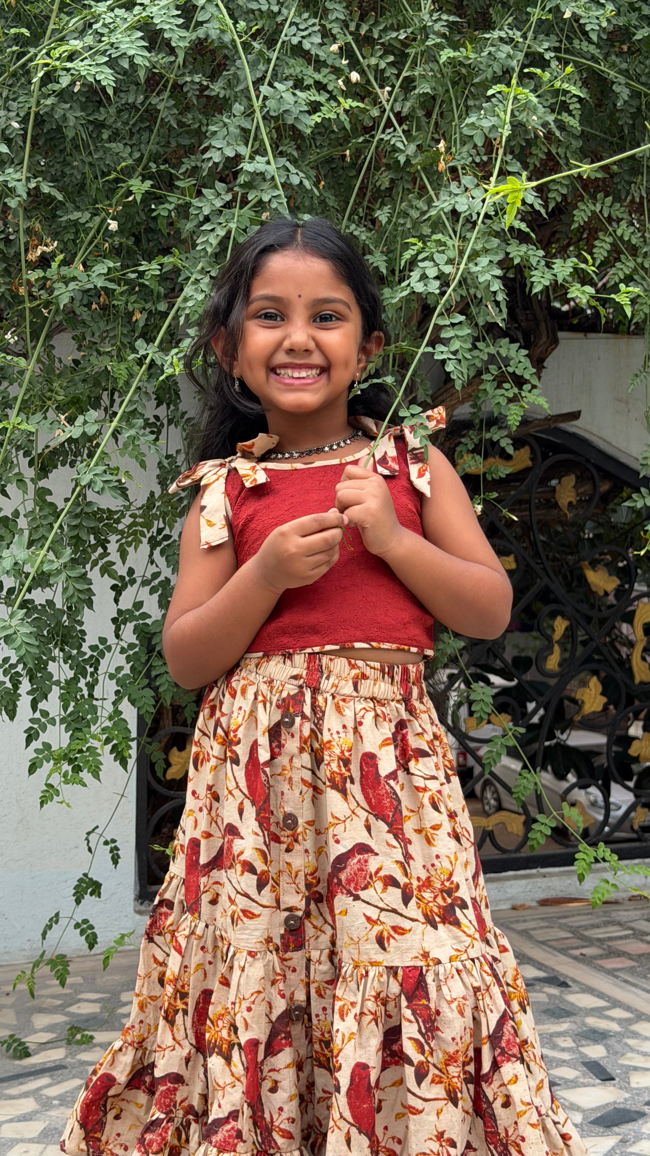 Cotton Skirt with Slub Raw Silk Top