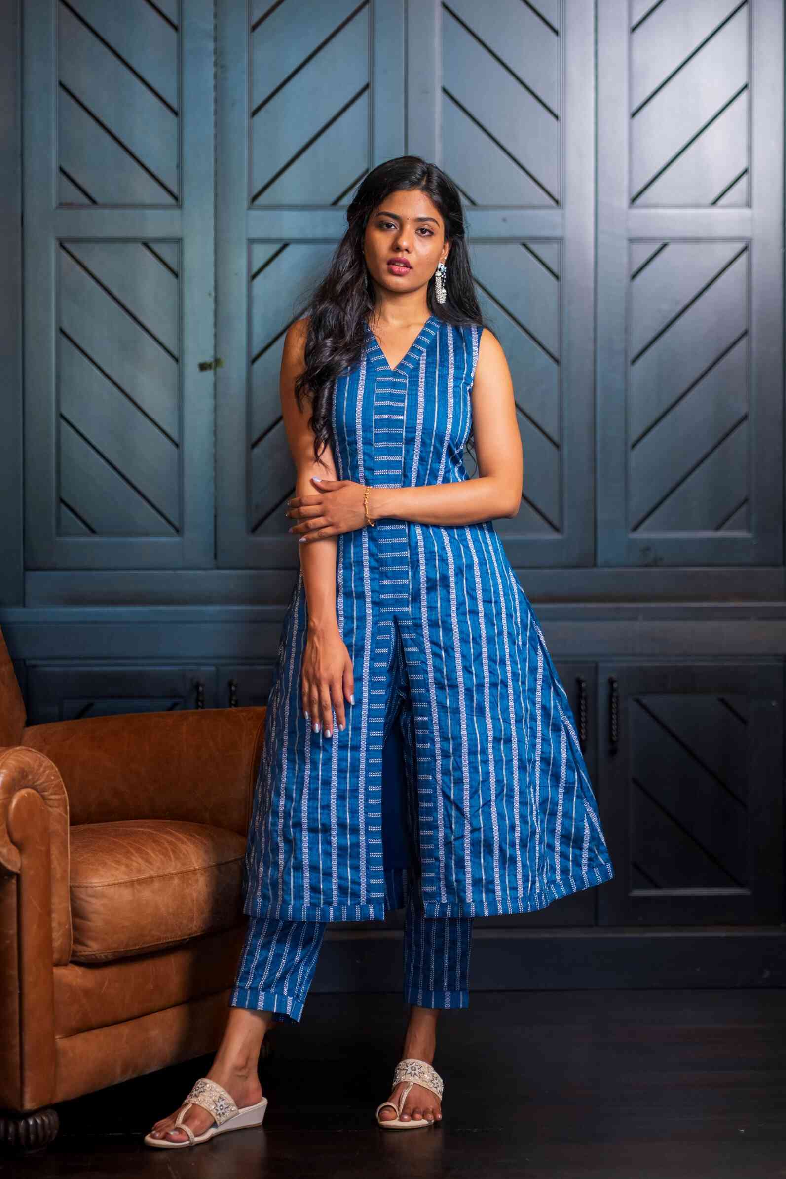 Blended Cotton & Silk Striped A-Line Co-ord Set