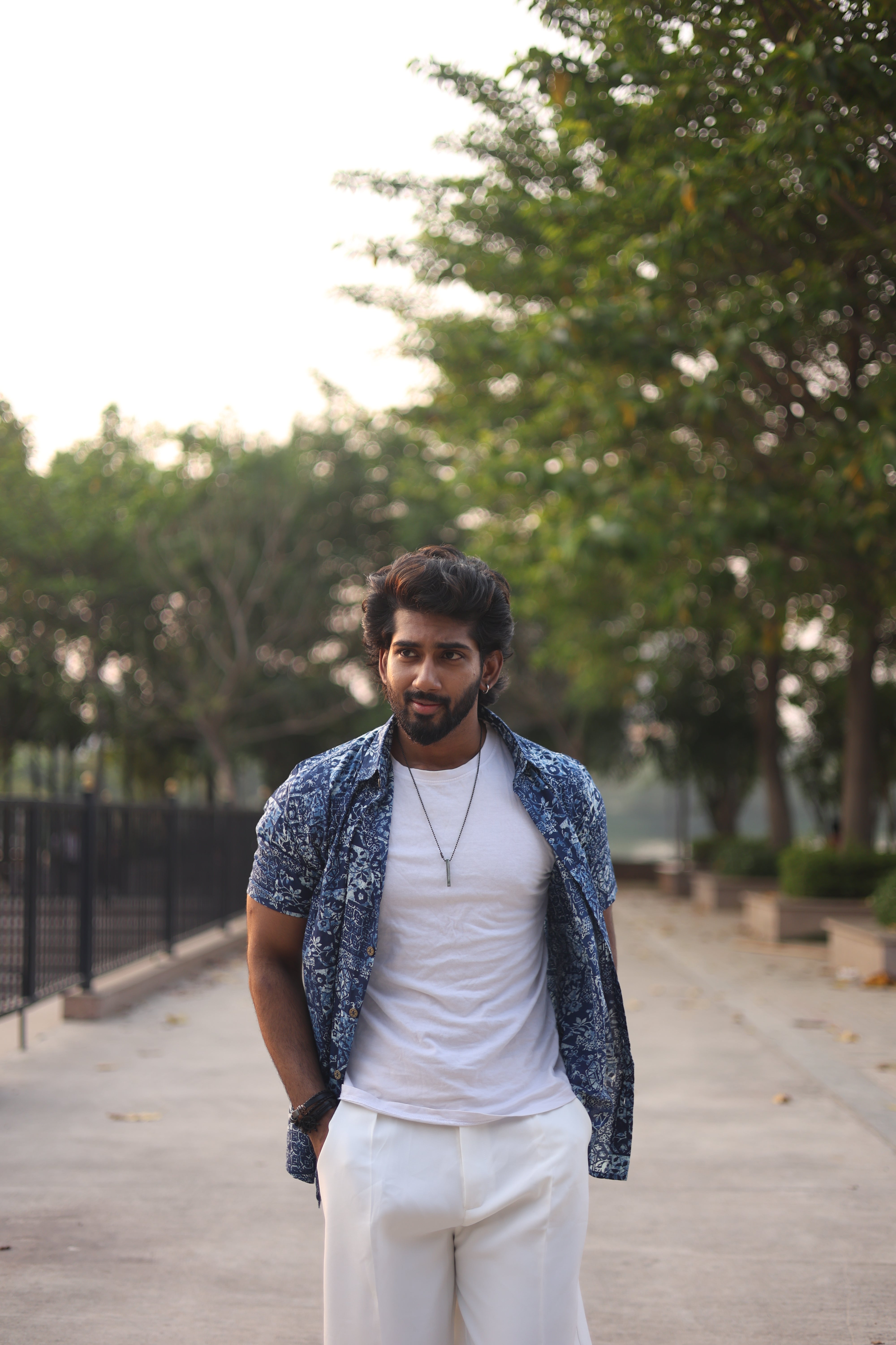 Blue cotton printed half hands shirt