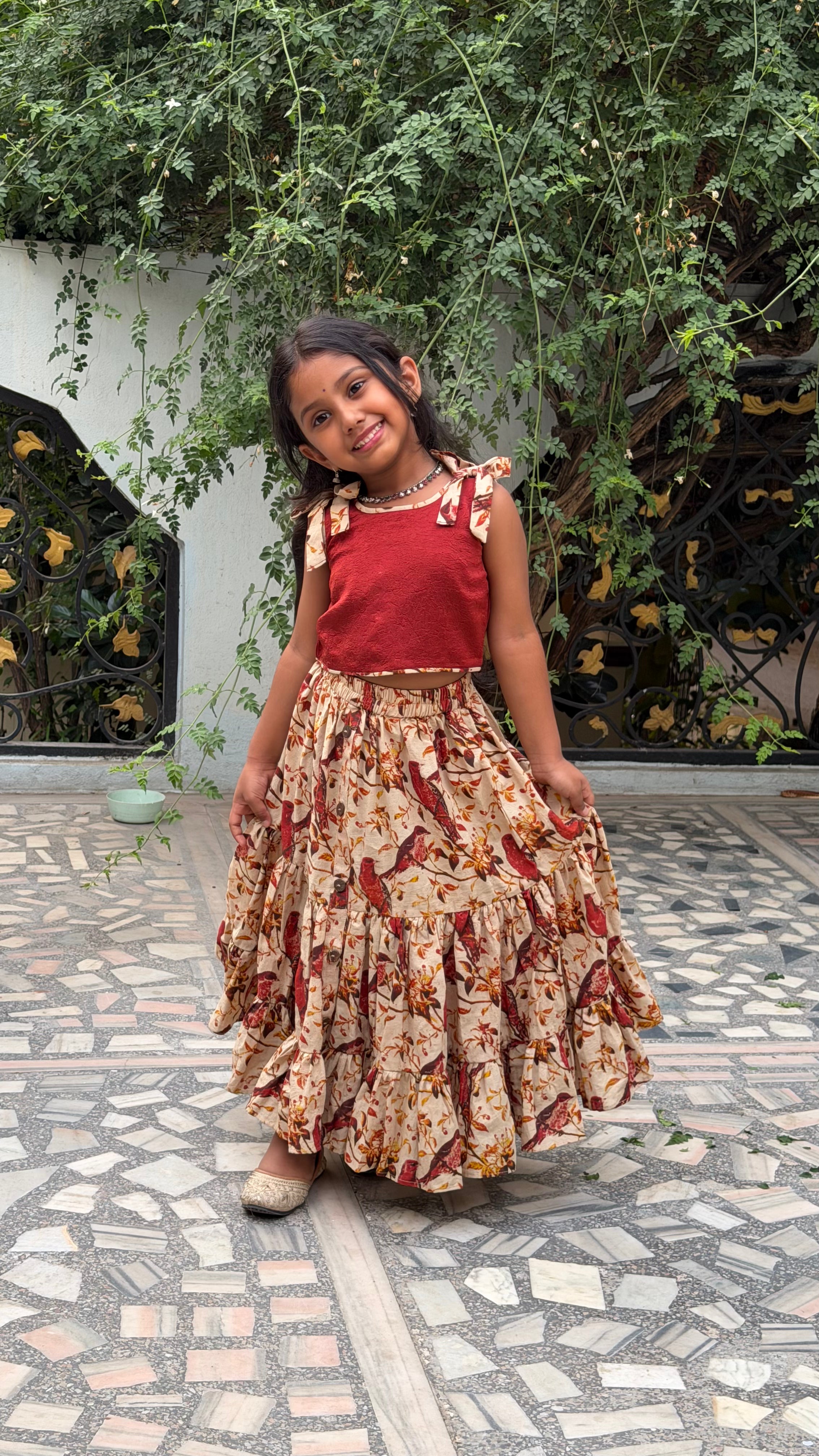 Cotton Skirt with Slub Raw Silk Top