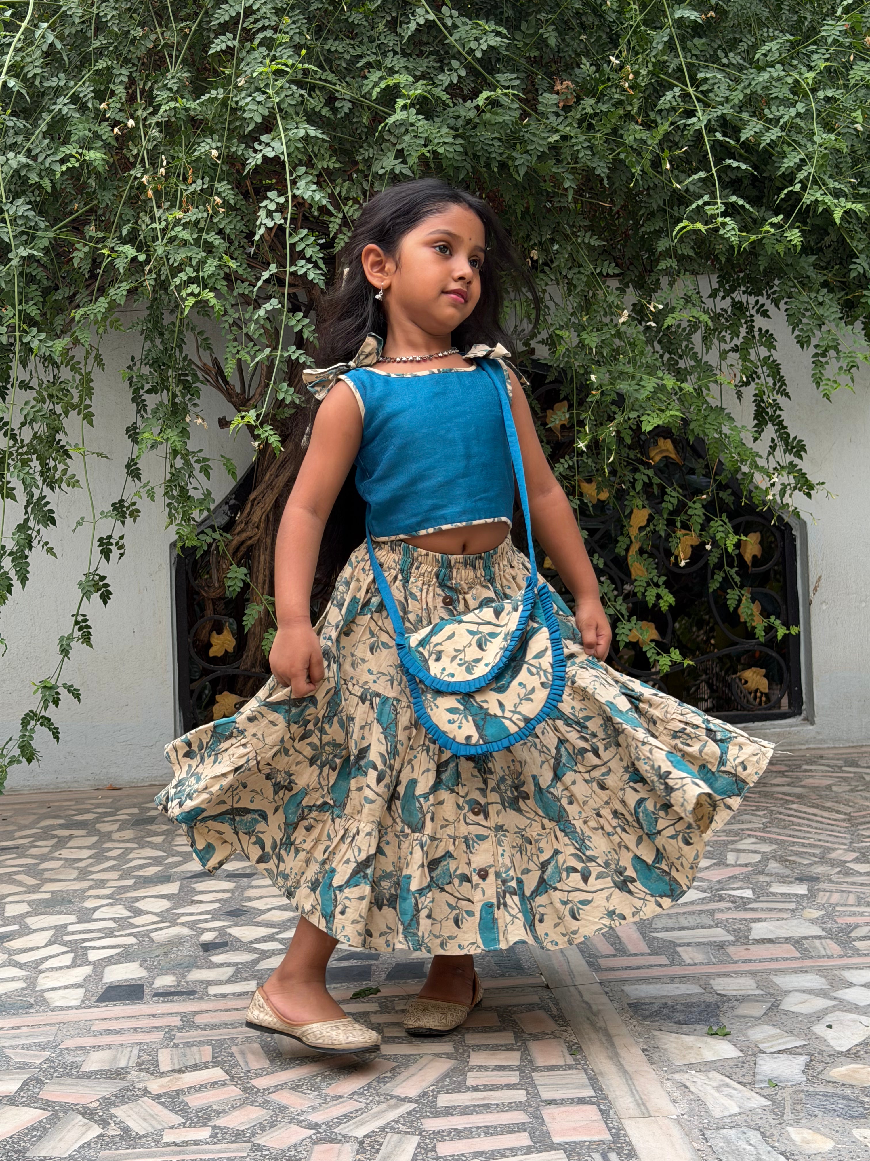 Blue Cotton Skirt with Slub Raw Silk Top