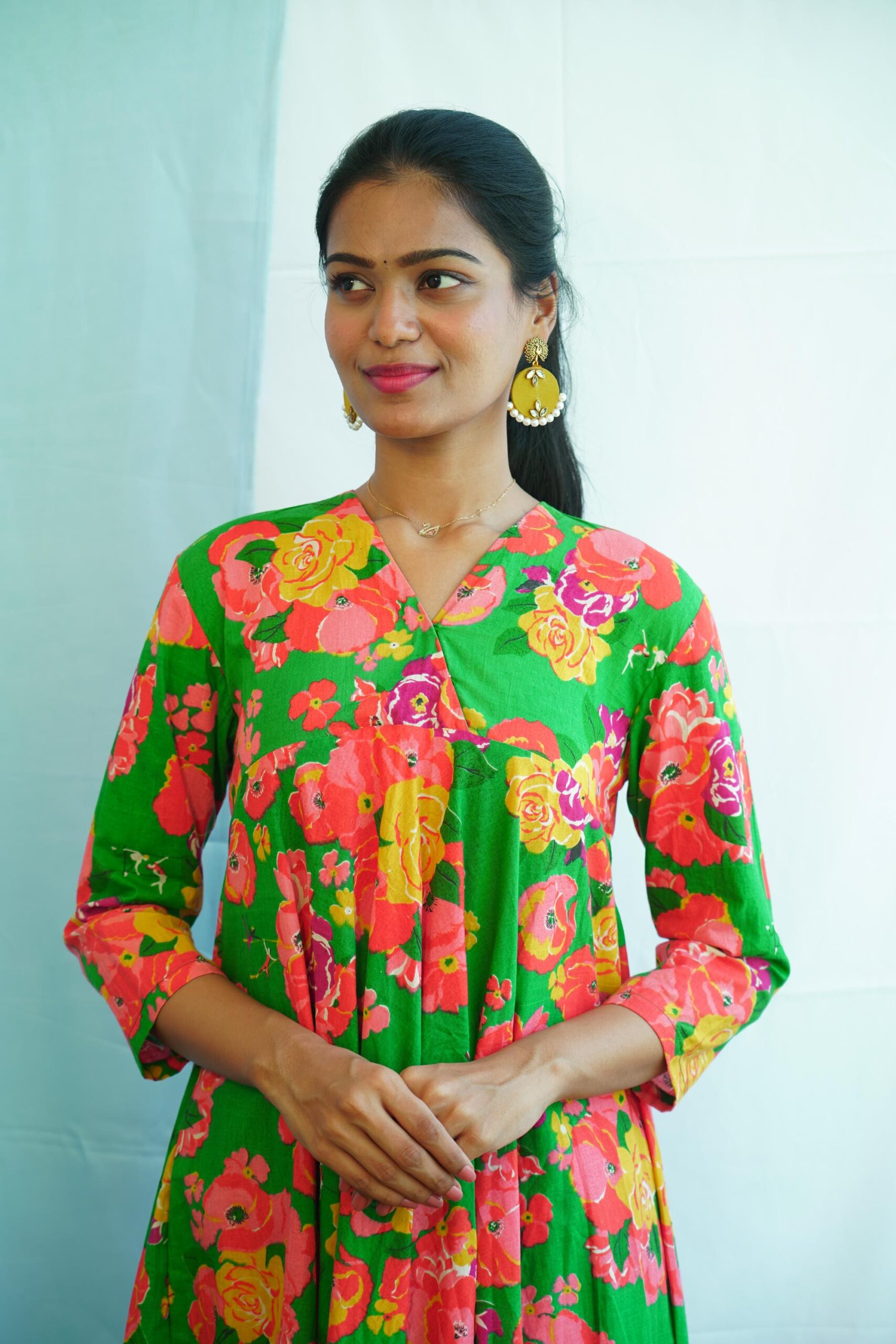 Green Cotton Dress with Floral Design
