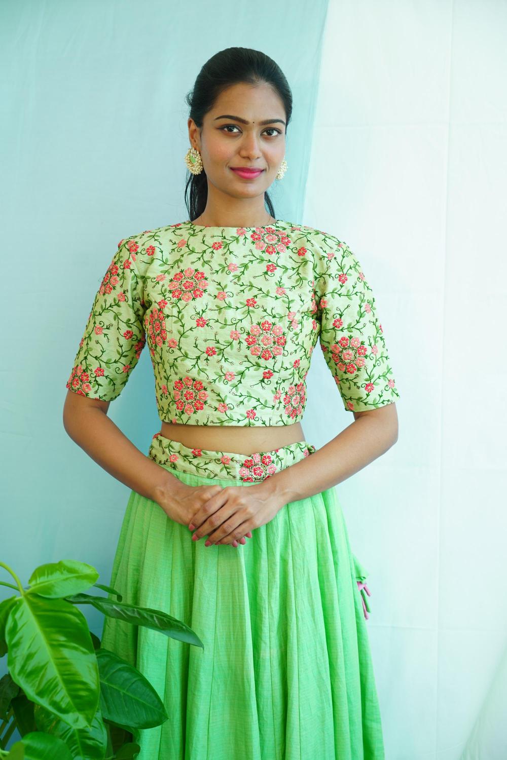 Embroidered Semi-Raw Silk Crop Top