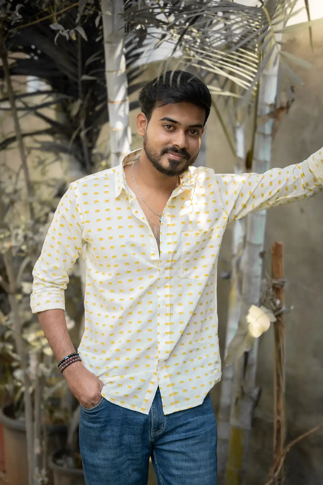 White Printed Cotton Full Hands Shirt