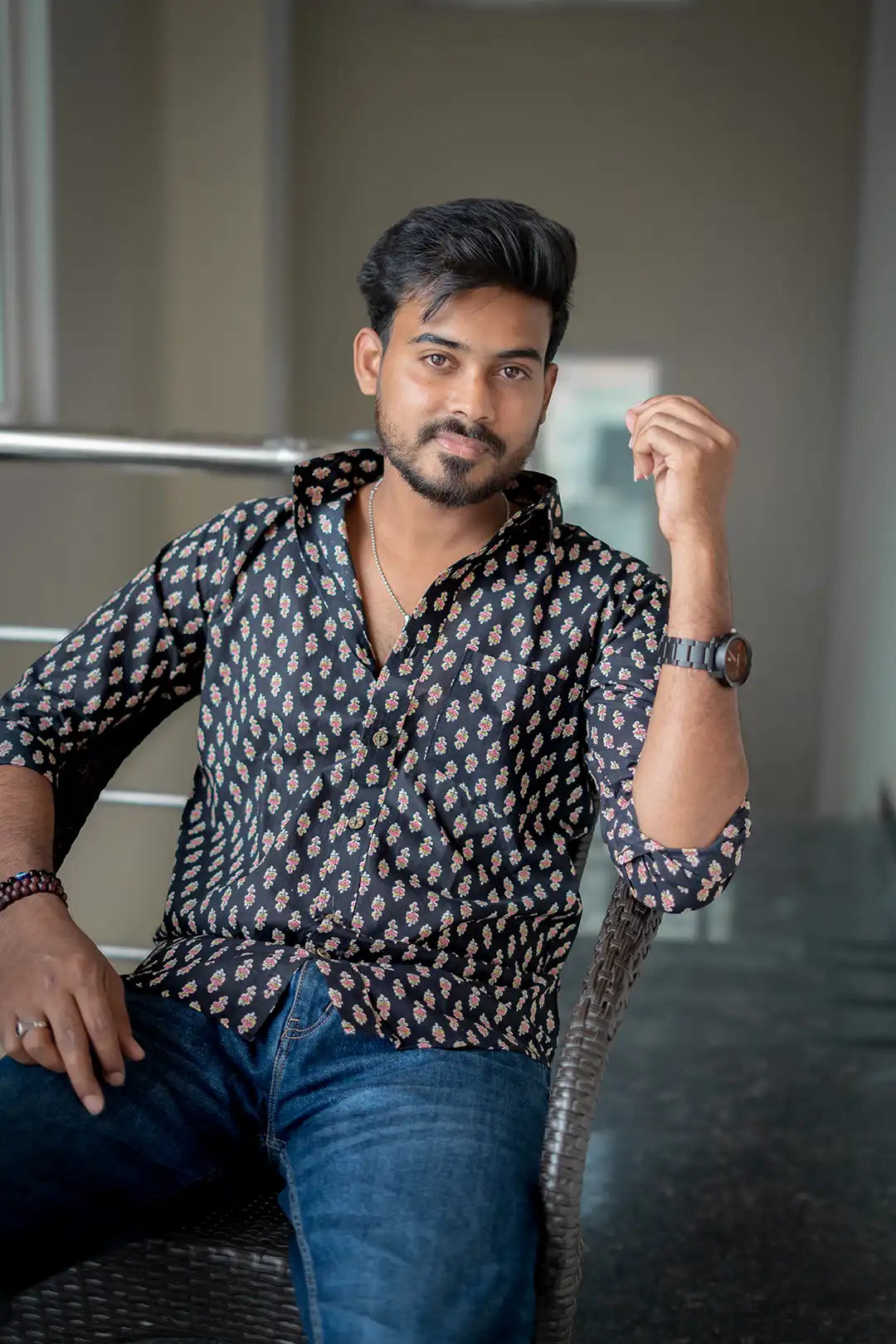 Black Printed Cotton Full Hands Shirt