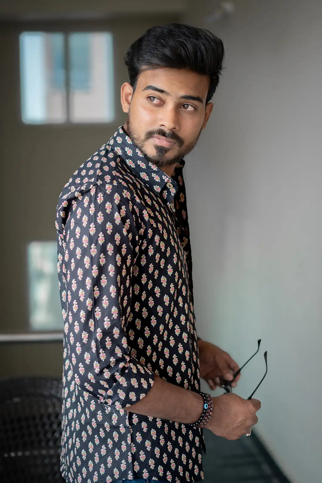 Black Printed Cotton Full Hands Shirt