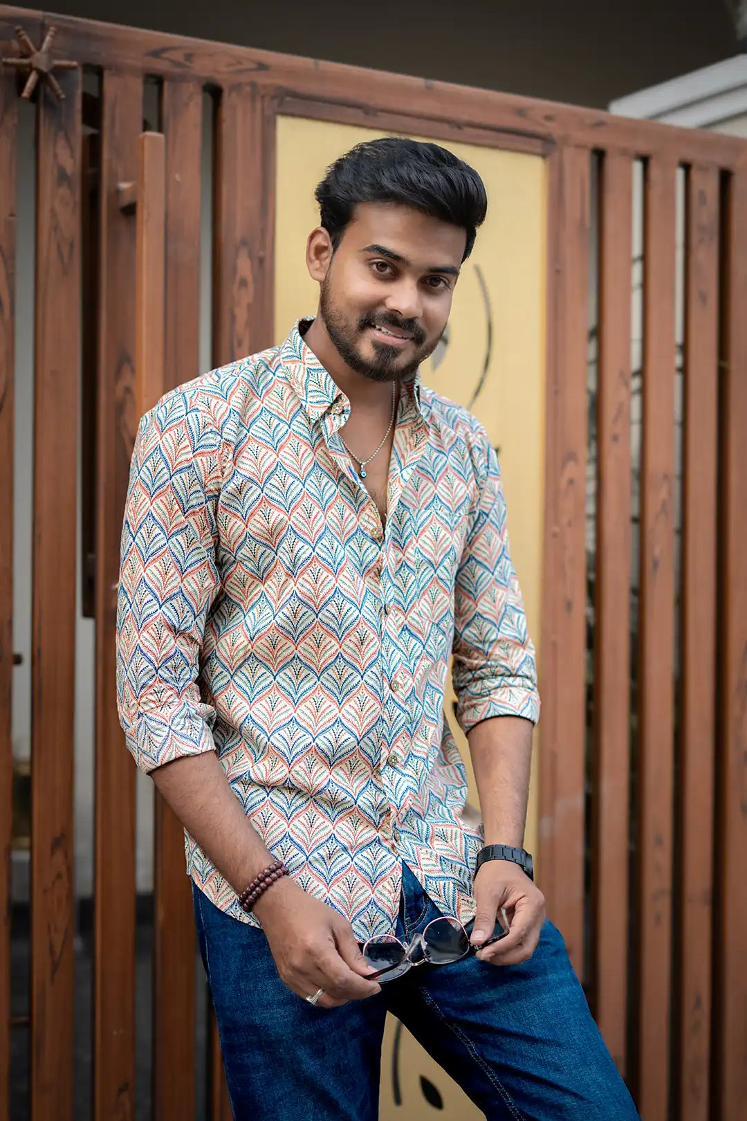 Half White Printed Cotton Full Hands Shirt