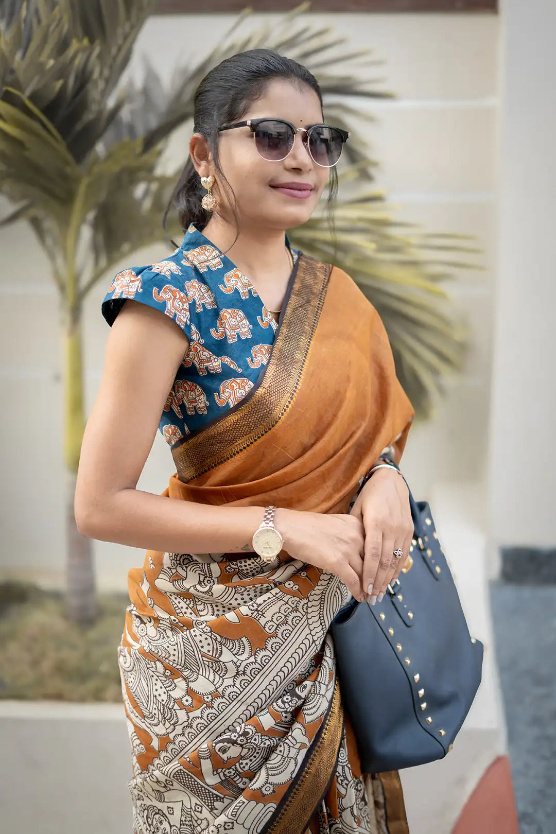 Mustard orange Kalamkari saree