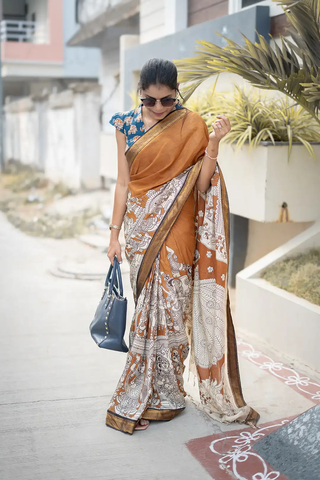 Mustard orange Kalamkari saree