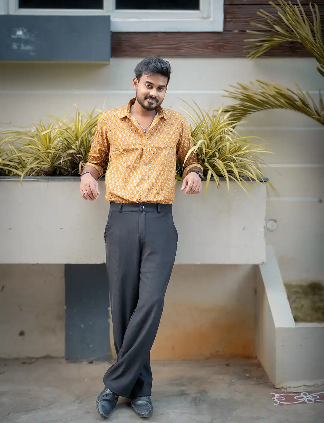 Yellow Printed Cotton Full Hands Shirt