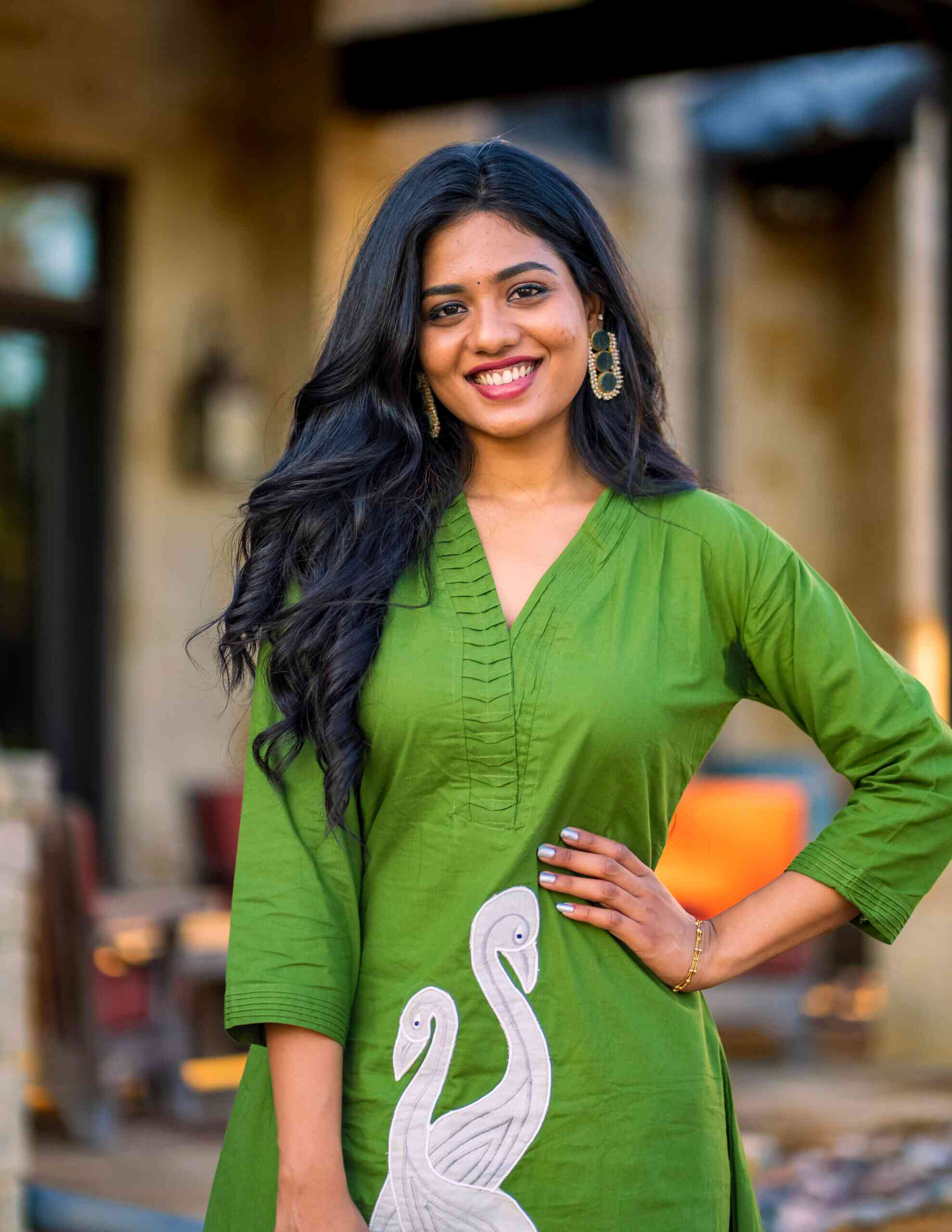 Rayon Cotton Kurta with White Embroidered Crane Motif