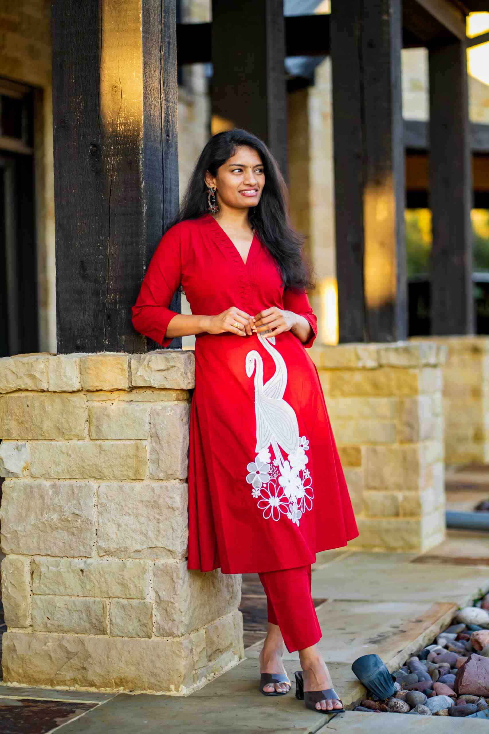 Rayon Cotton Kurta with White Embroidered Crane Motif