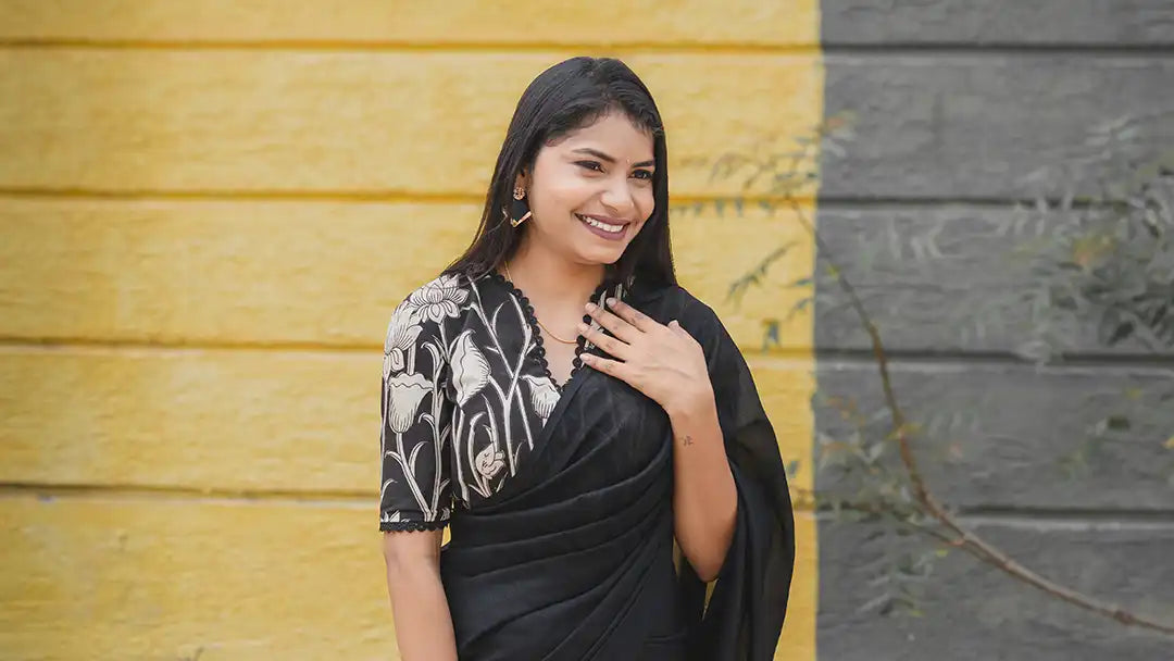 Vichitra Silk Saree with Kalamkari Cotton Blouse