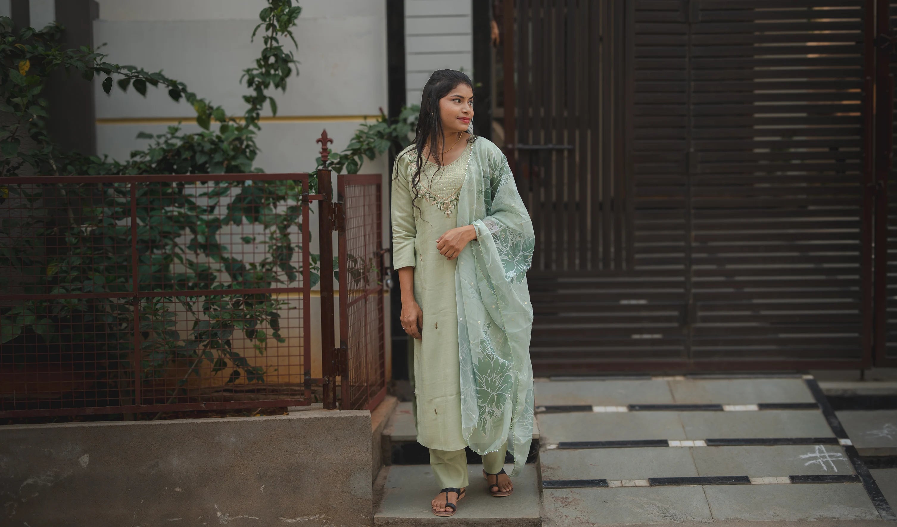 Green Linen Kurti Set