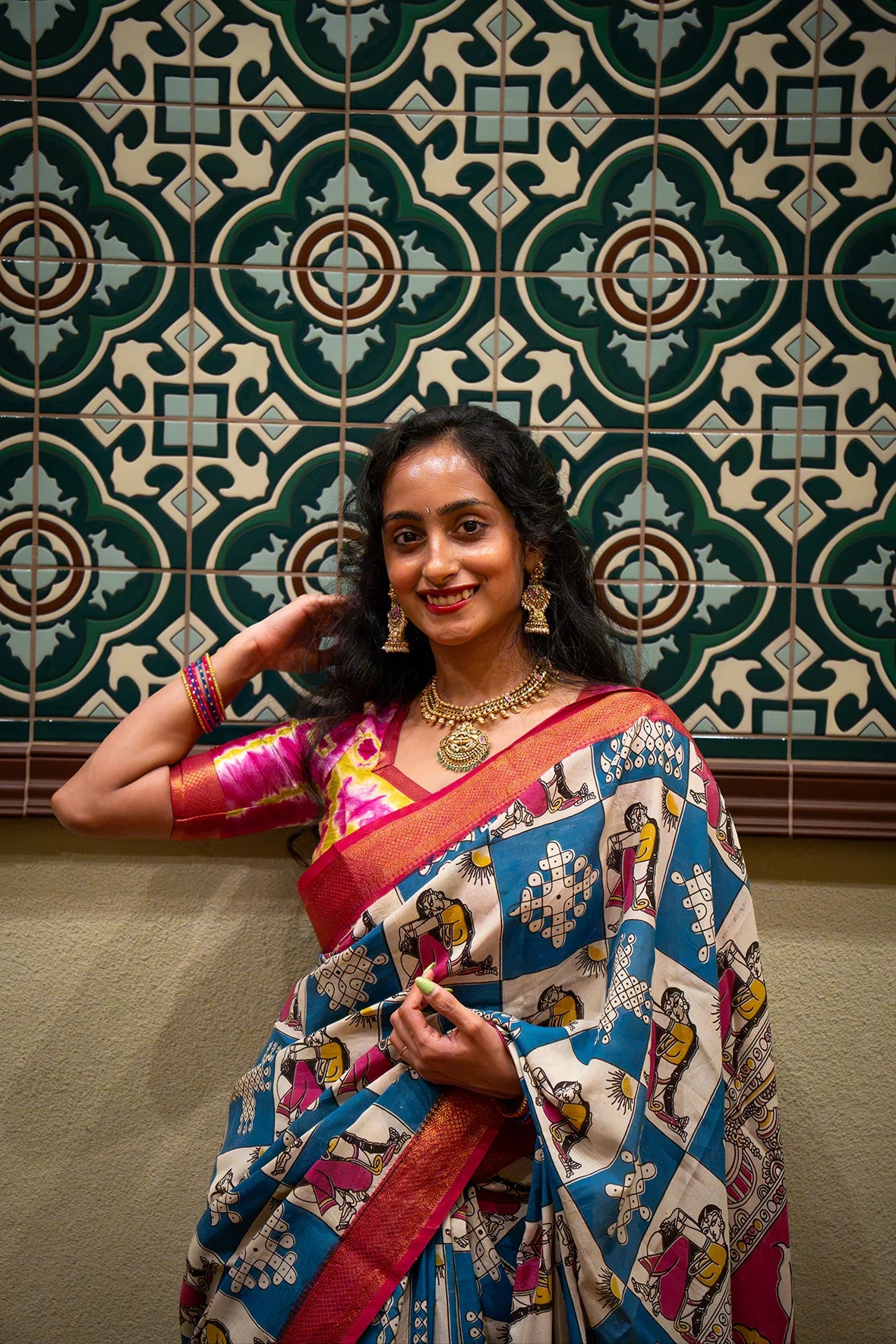 Blue Kalamkari Saree with Tie-Dye Semi Raw Silk Blouse