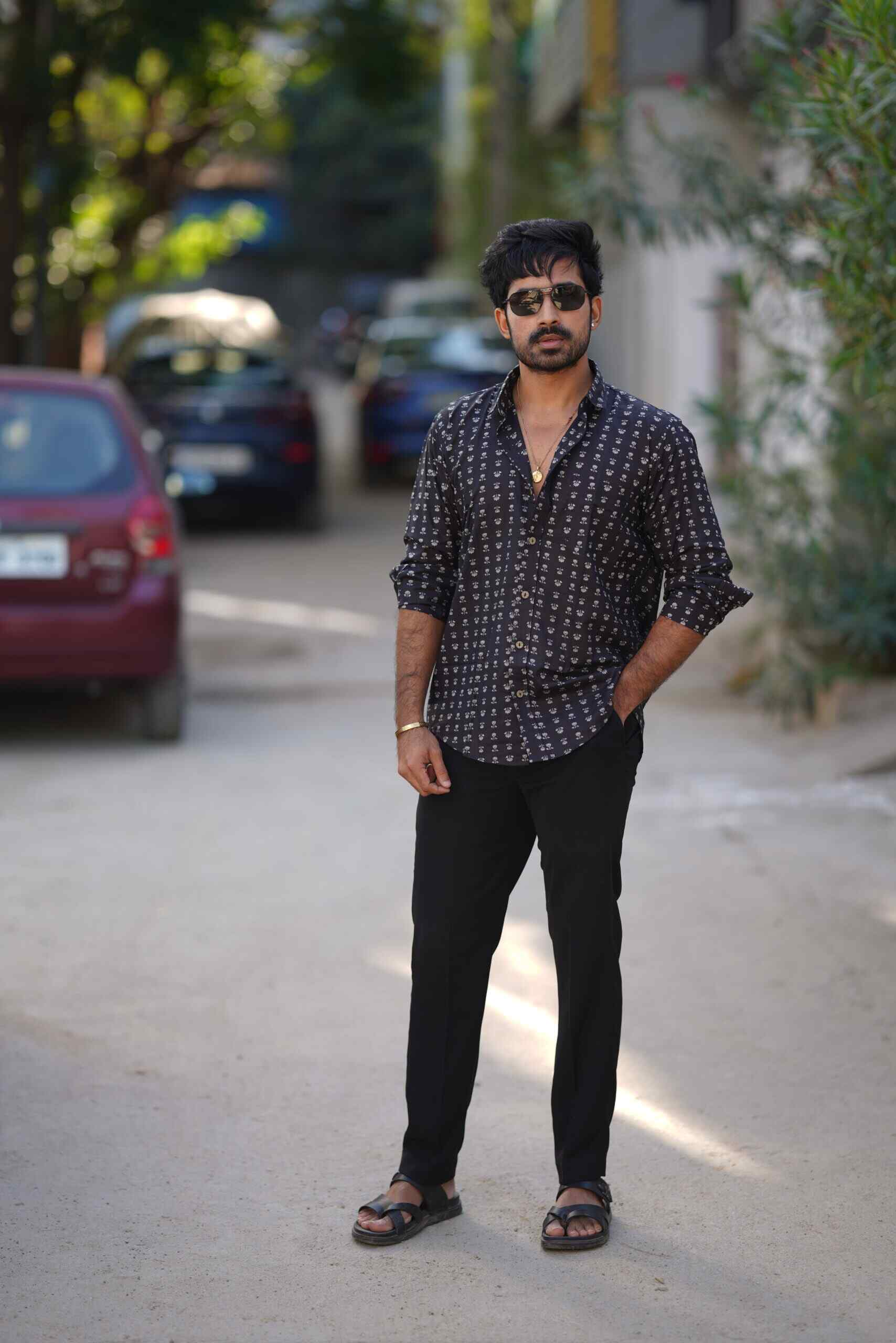 Navy Blue Cotton Printed Full Sleeve Shirt