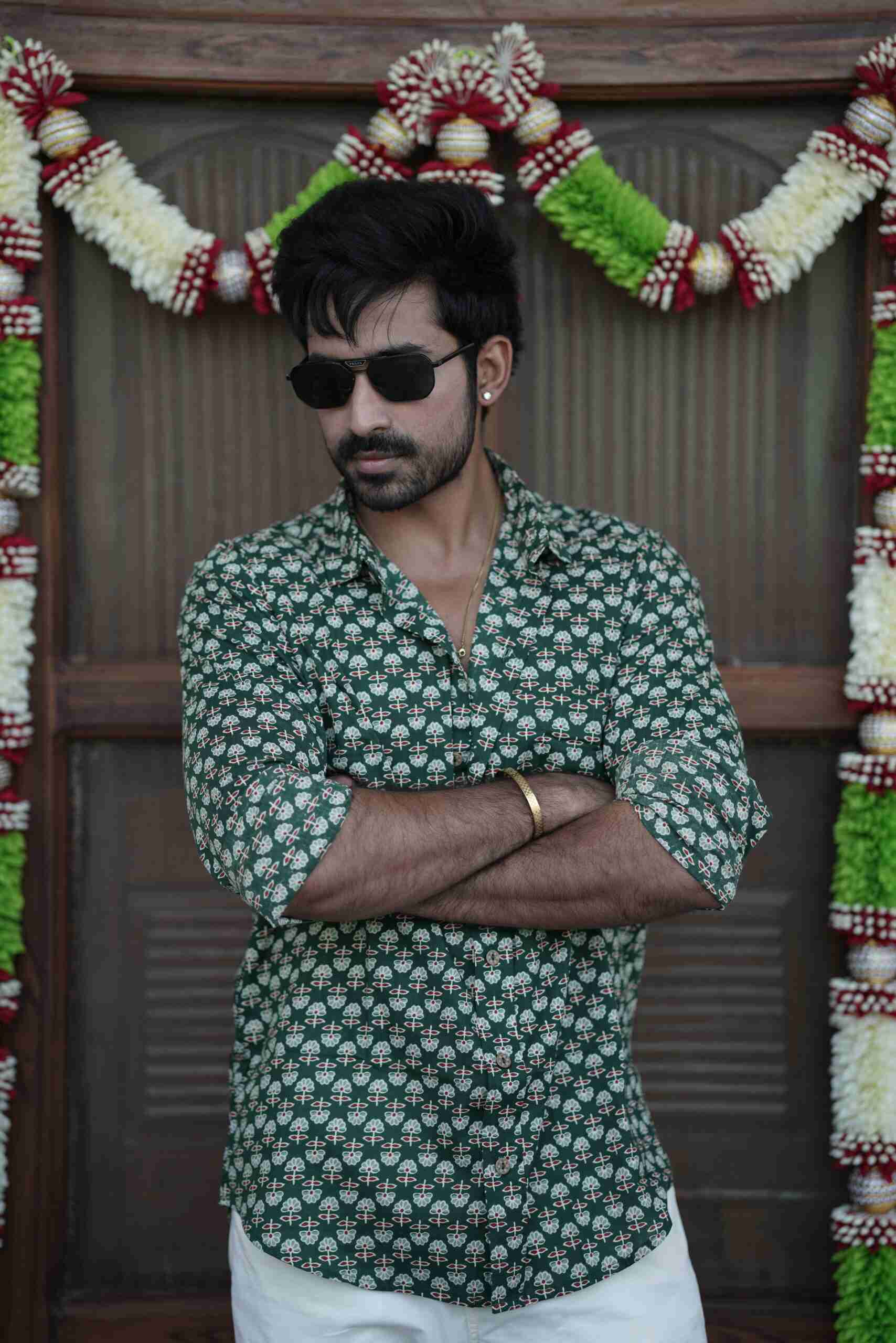 Green Cotton Printed Full Sleeve Shirt