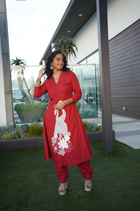 Rayon Cotton Kurta with White Embroidered Crane Motif