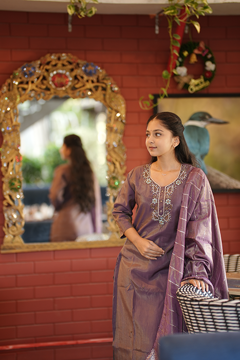 Tissue Fabric With Machine Embroidery Kurti Set