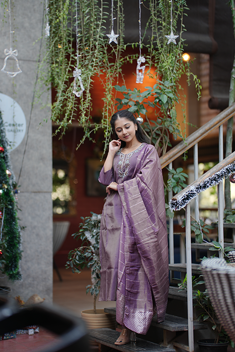 Tissue Fabric With Machine Embroidery Kurti Set