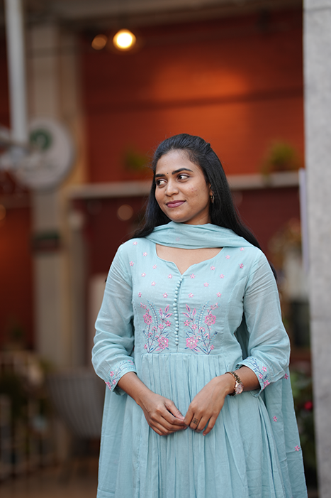 Mul Cotton Anarkali Suit With Embroidery