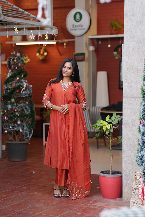 Rust Orange Pure Mul Chanderi Kurta Set