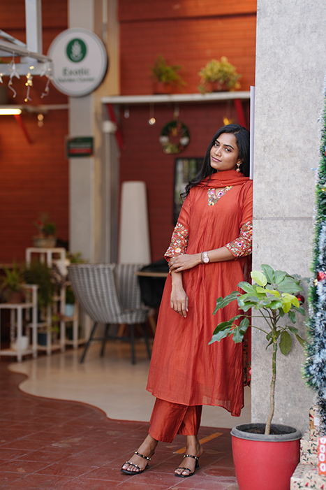 Rust Orange Pure Mul Chanderi Kurta Set