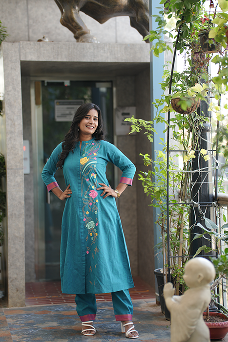 Mangalagiri cotton with machine embroidery on one side