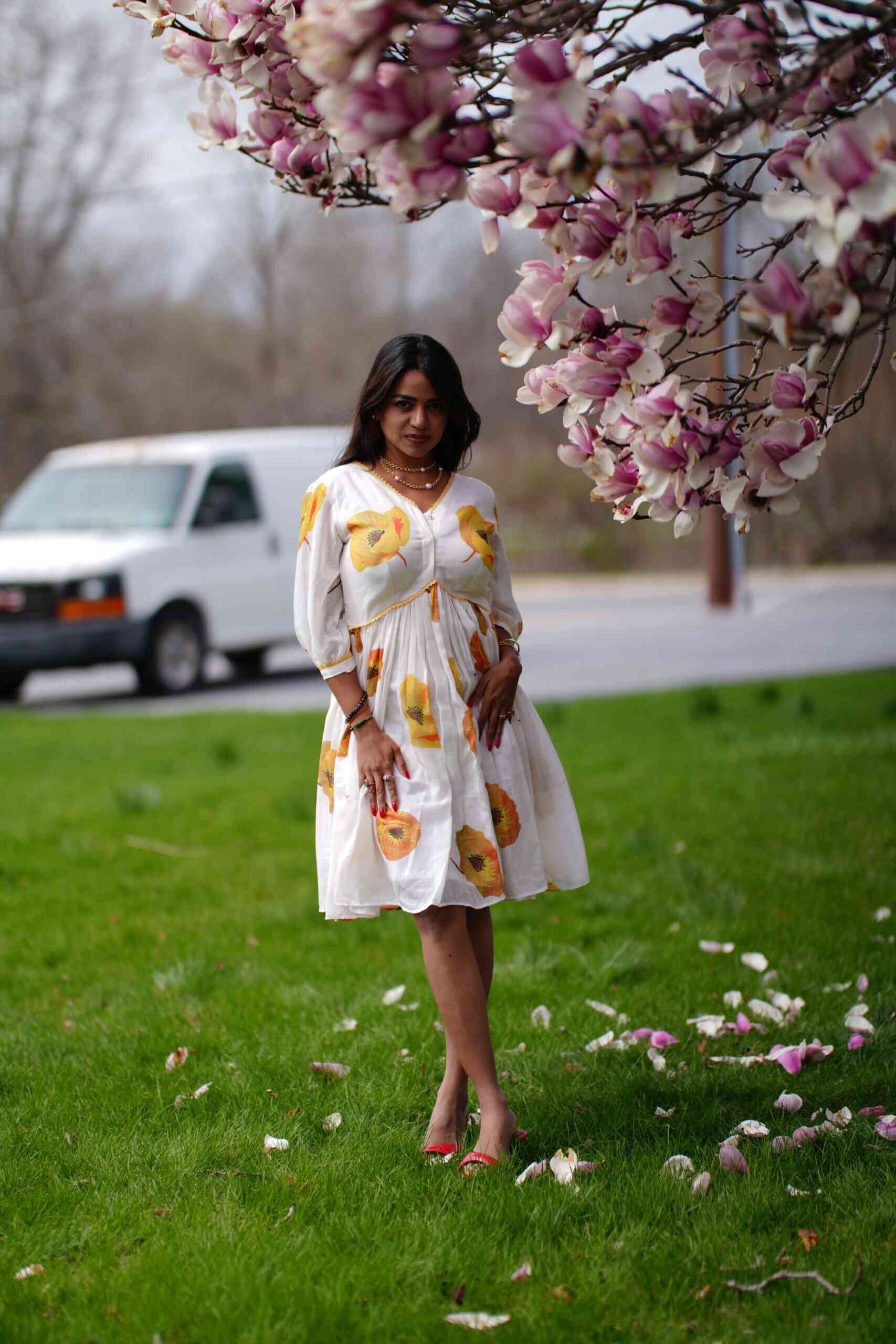 Floral Print  Linen White Frock