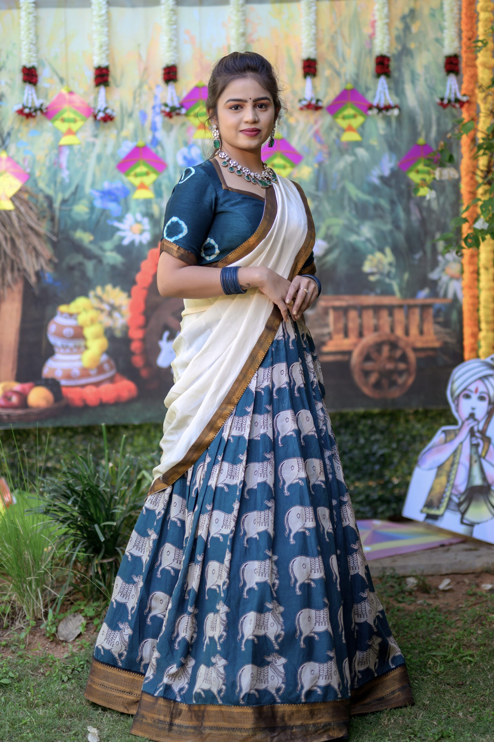 Peacock Blue Kalamkari Lehenga