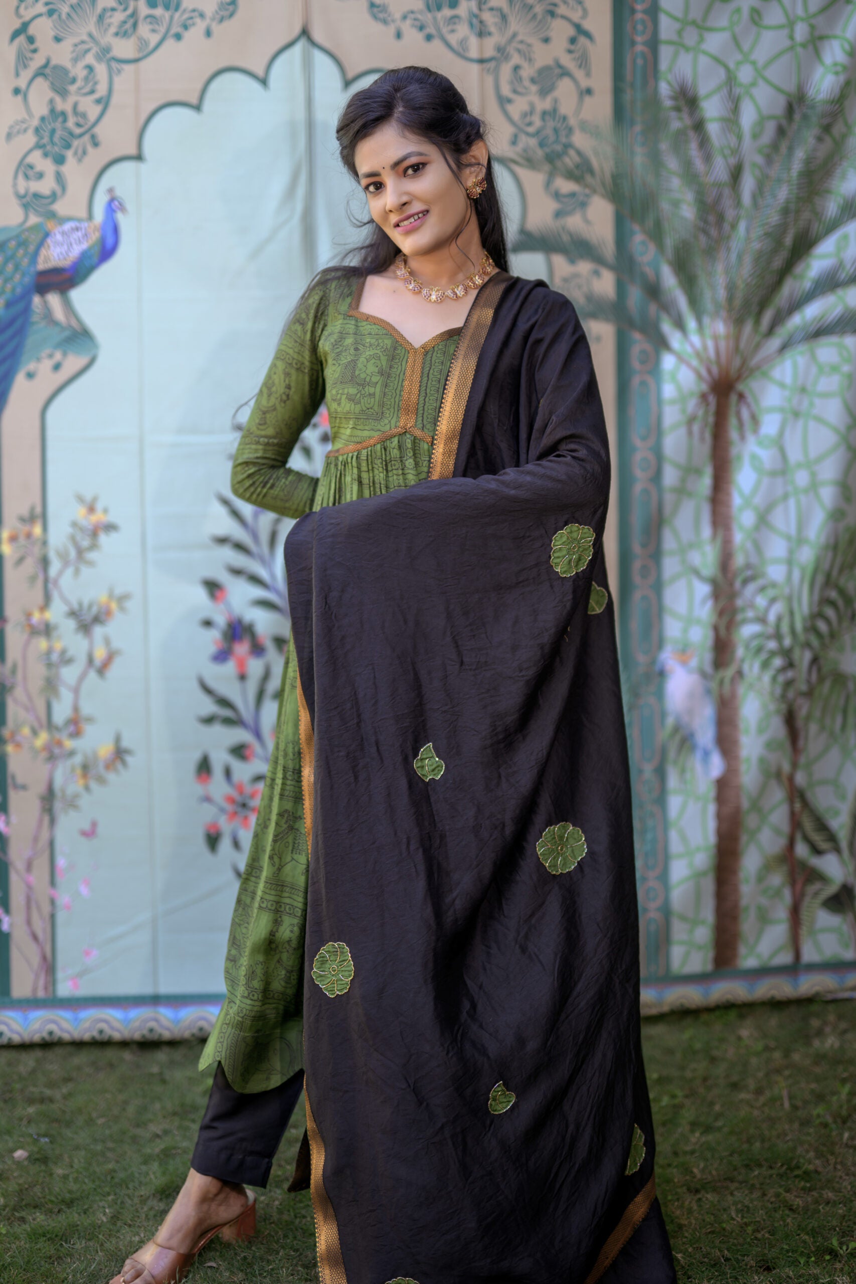 Green Kalamkari Chennuri Silk Anarkali Set with Dupatta