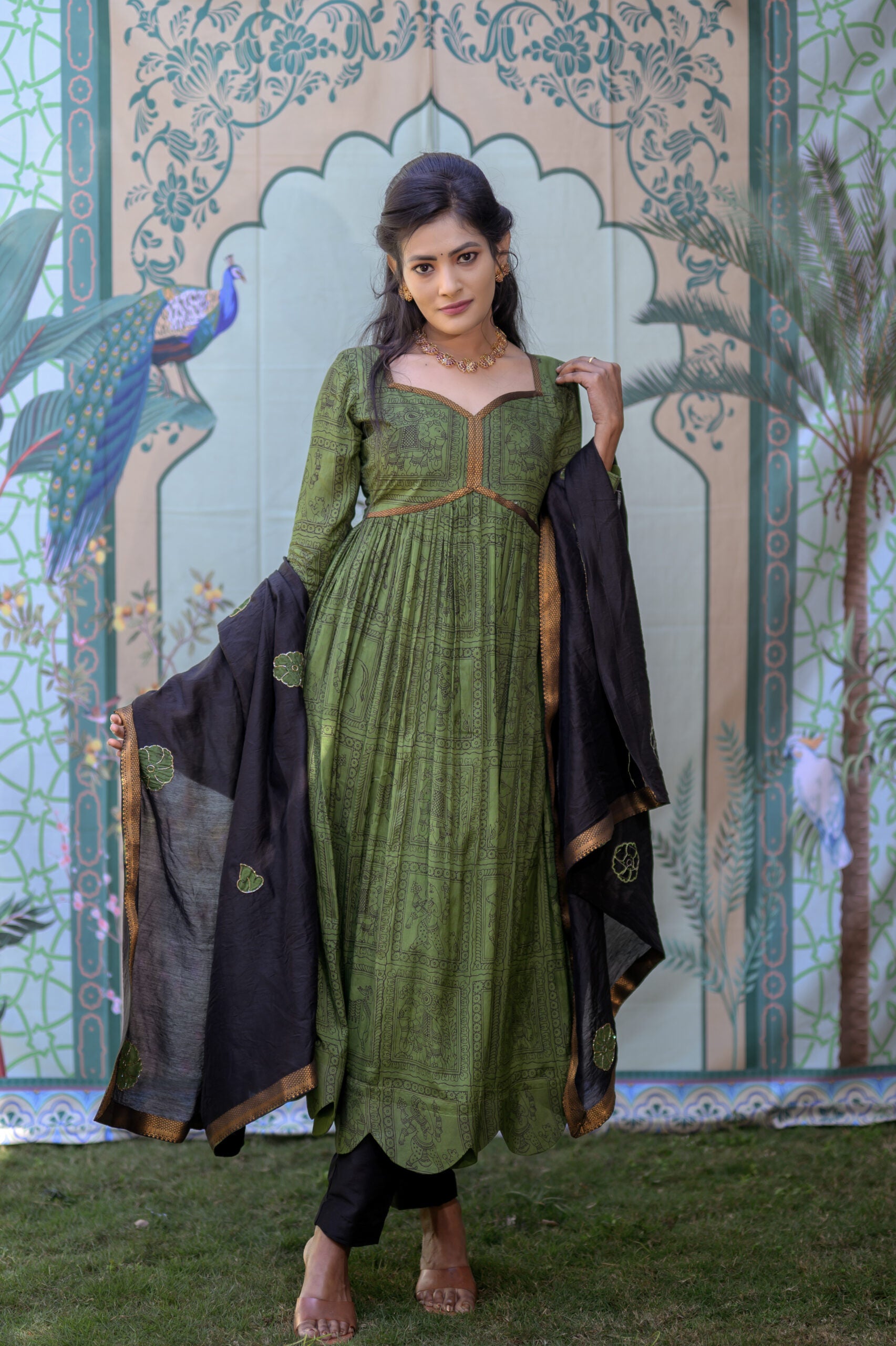 Green Kalamkari Chennuri Silk Anarkali Set with Dupatta