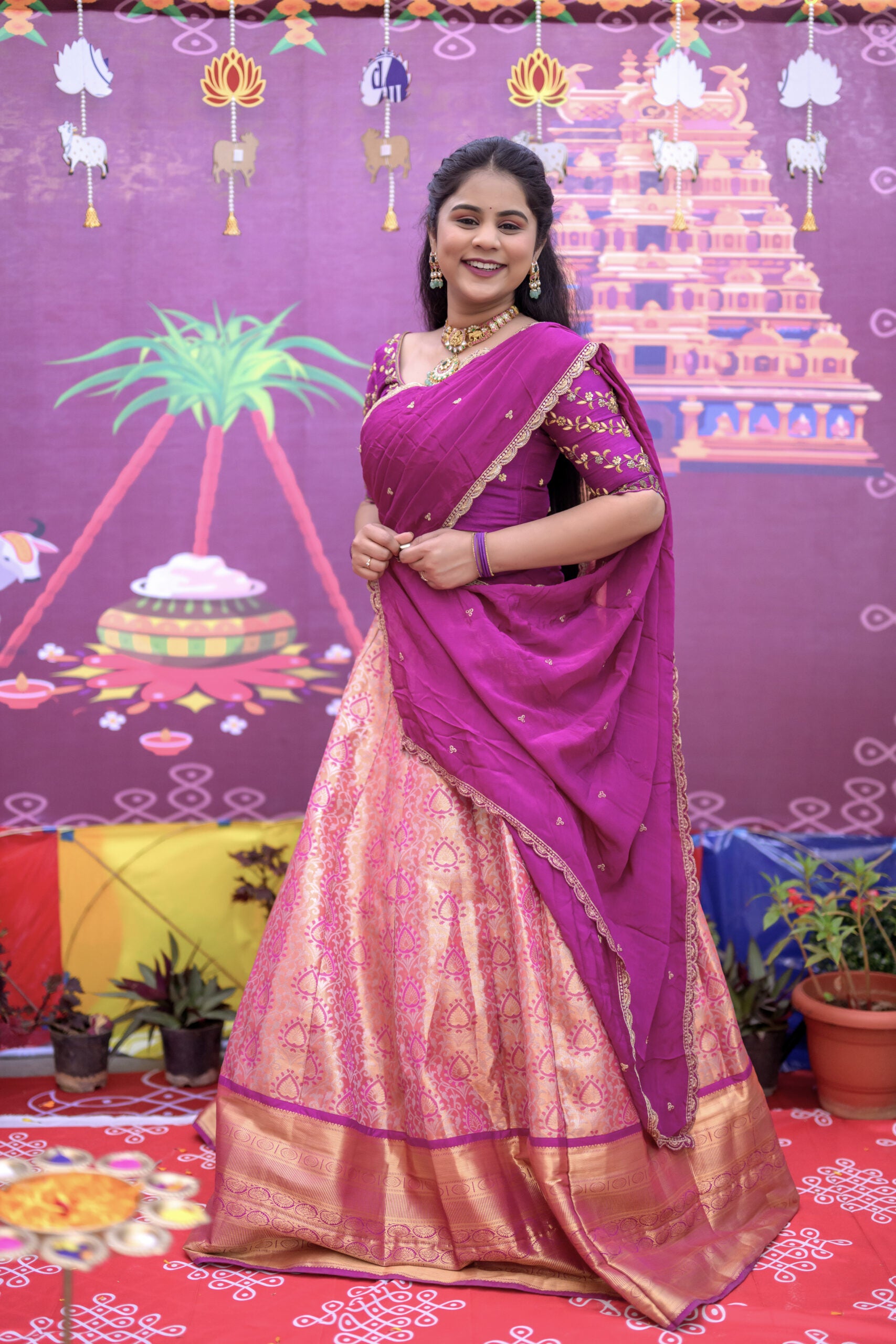 Purple semi pattu lehenga