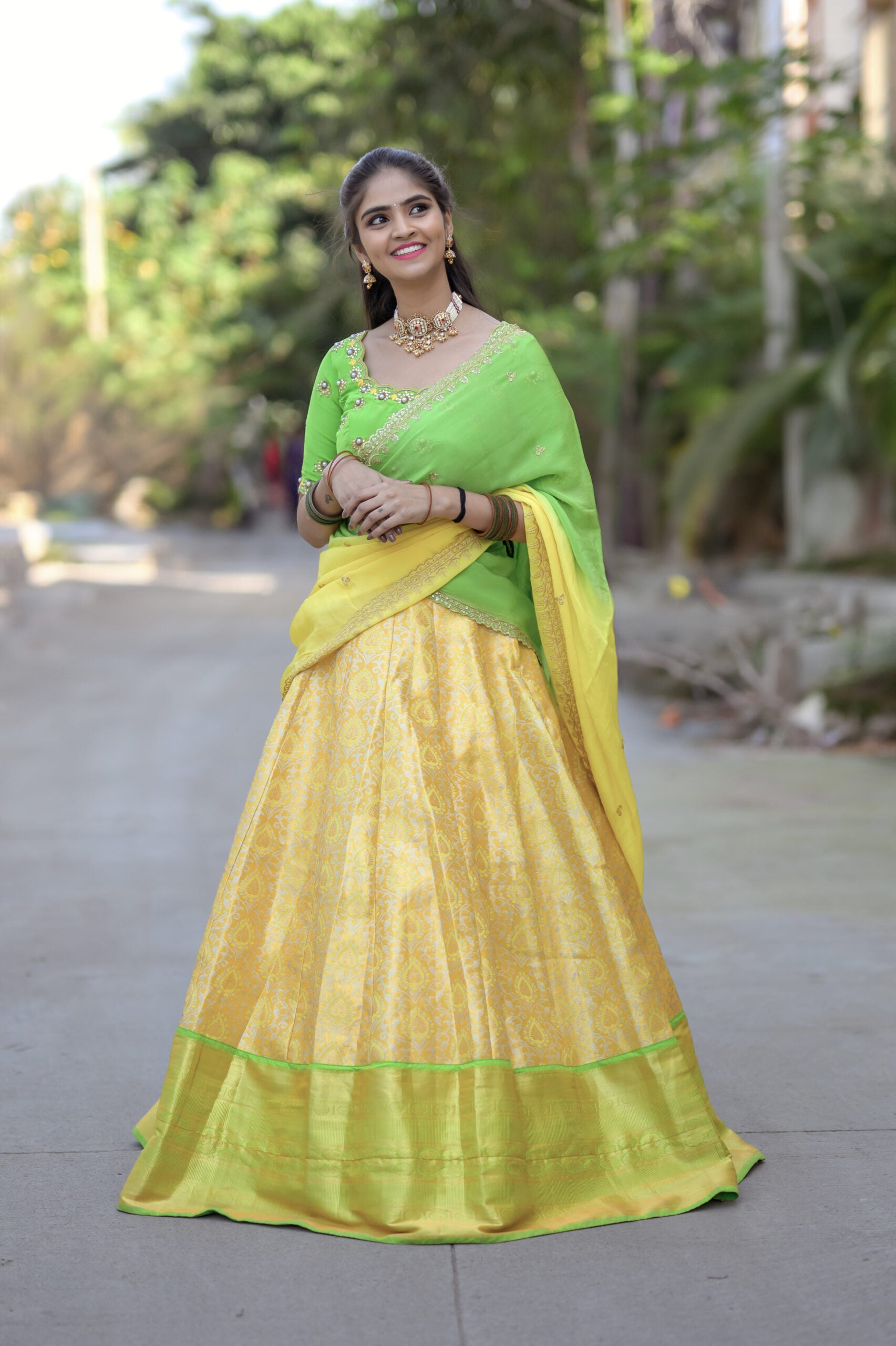 Green and Yellow semi pattu lehenga