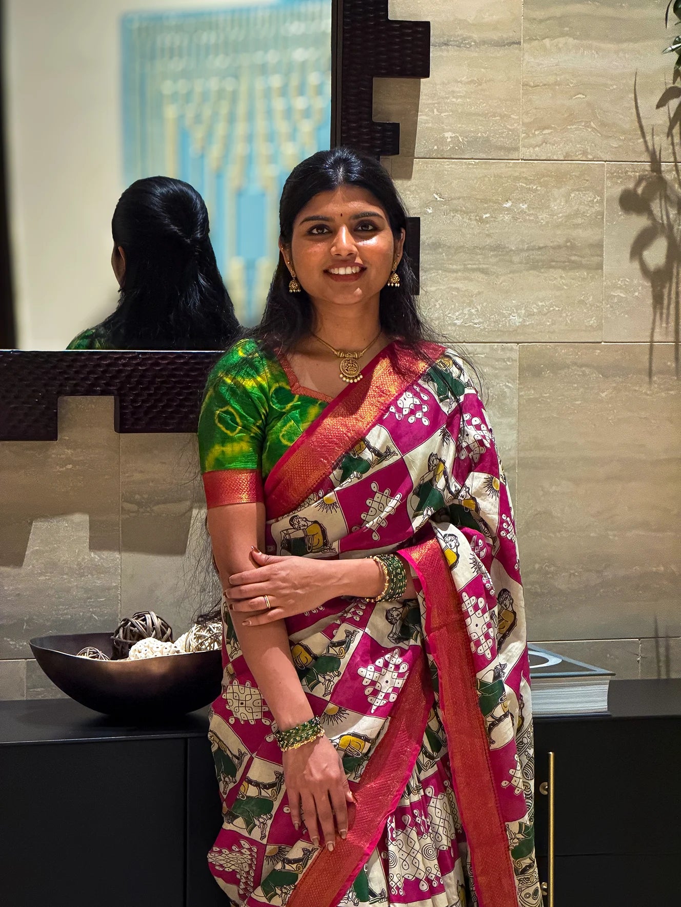 Pink Kalamkari Saree with Tie-Dye Semi Raw Silk Blouse