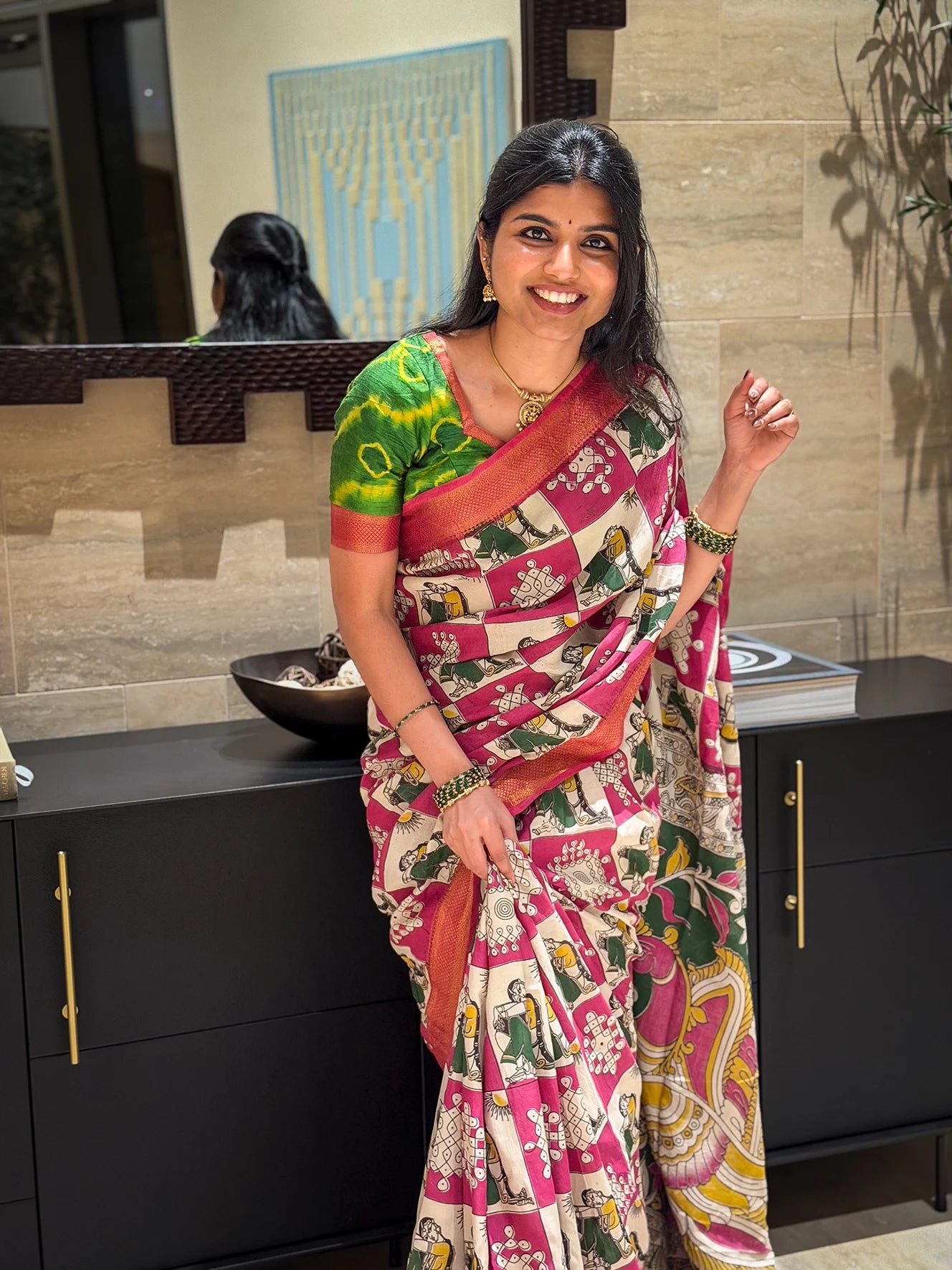 Pink Kalamkari Saree with Tie-Dye Semi Raw Silk Blouse