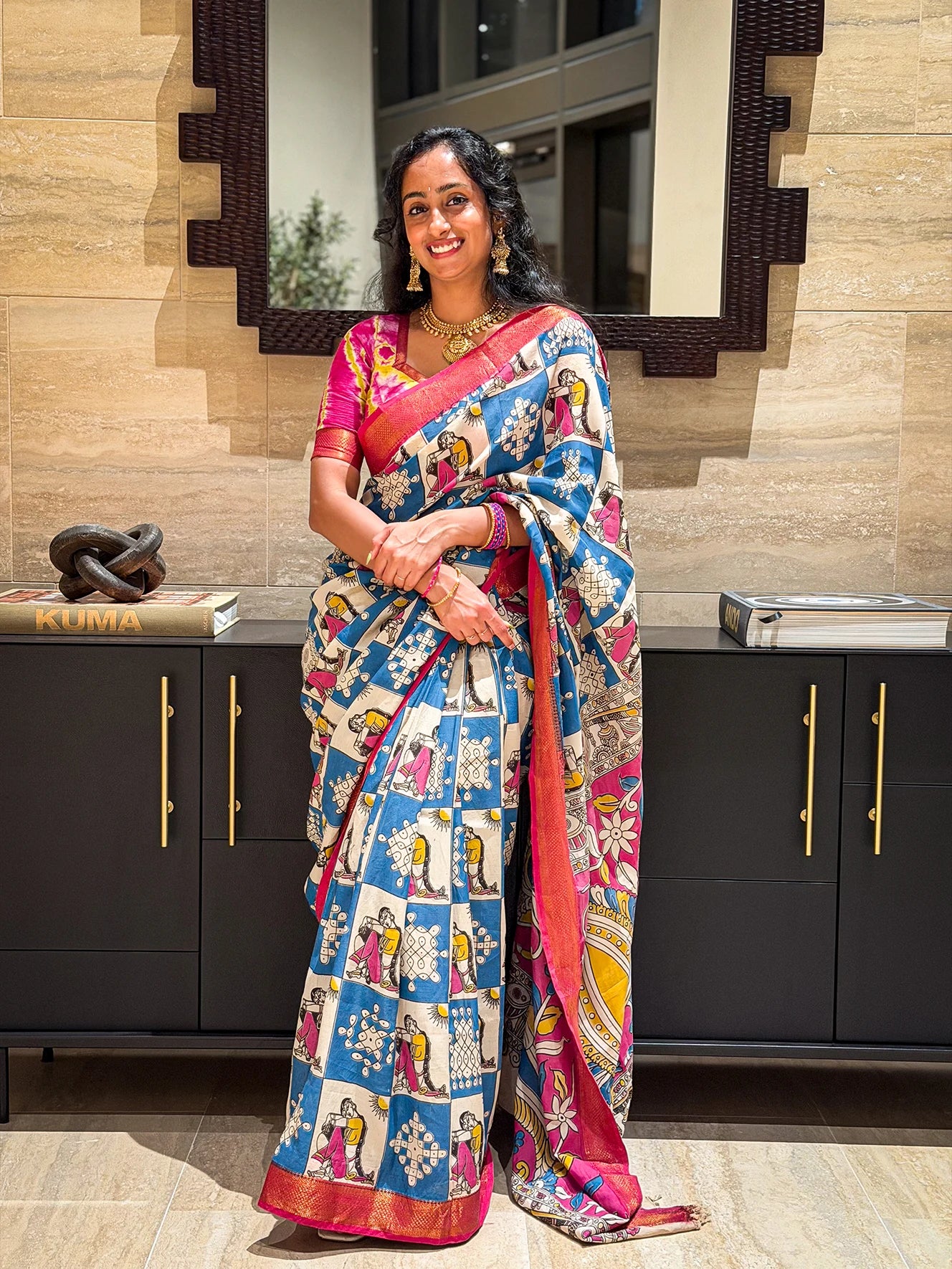 Blue Kalamkari Saree with Tie-Dye Semi Raw Silk Blouse