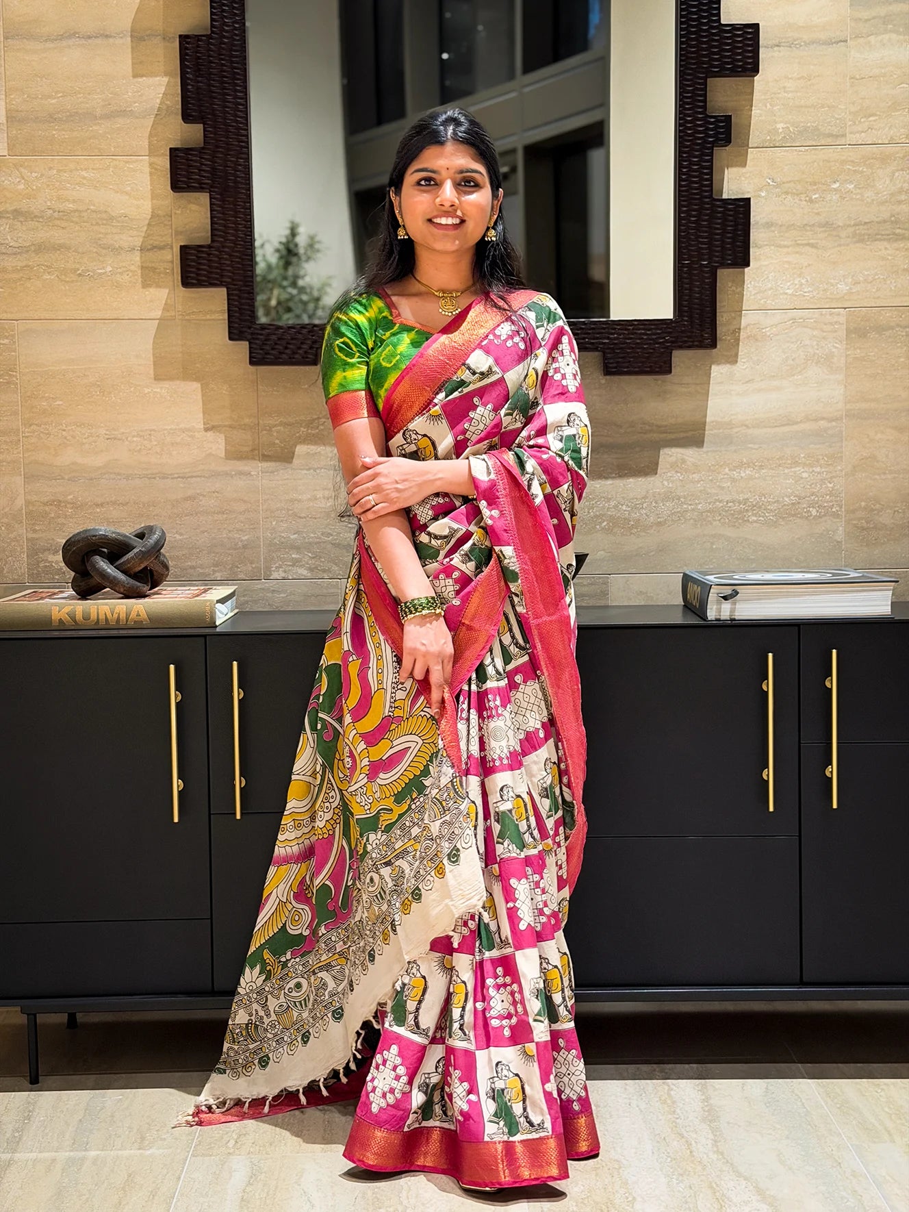 Pink Kalamkari Saree with Tie-Dye Semi Raw Silk Blouse