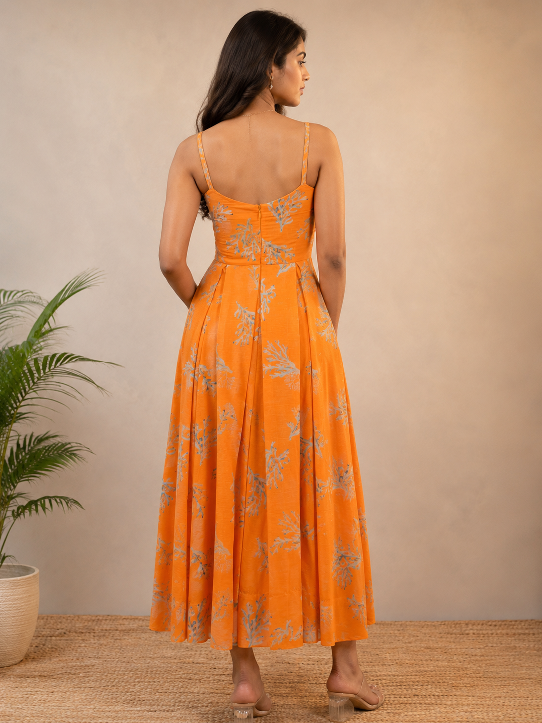Marine Orange Cotton Crepe Maxi Dress