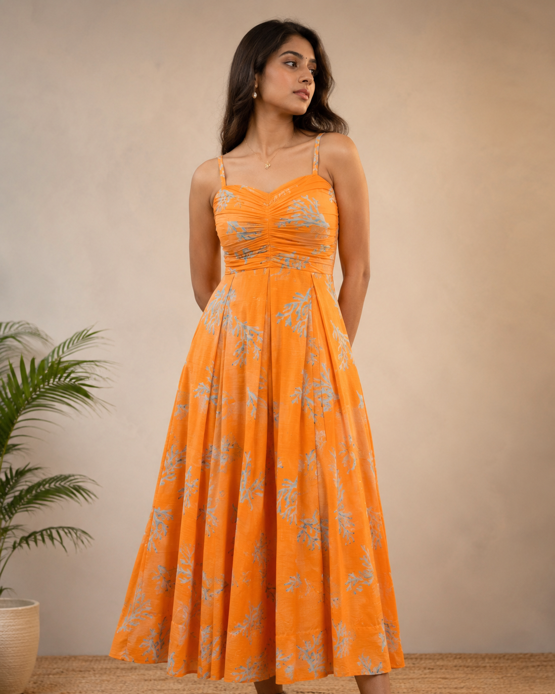 Marine Orange Cotton Crepe Maxi Dress