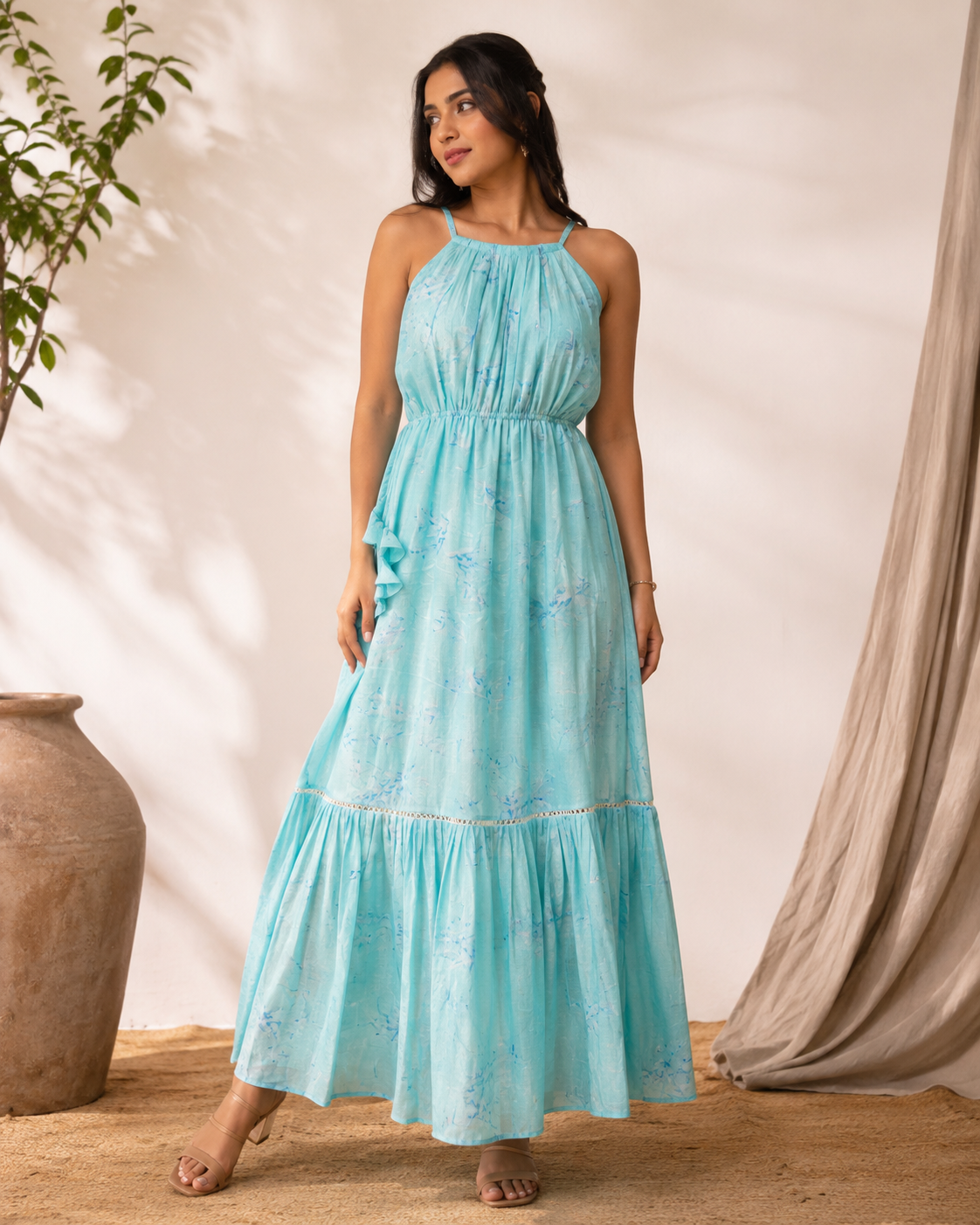 Cotton Crepe Halter Neck Maxi Frock