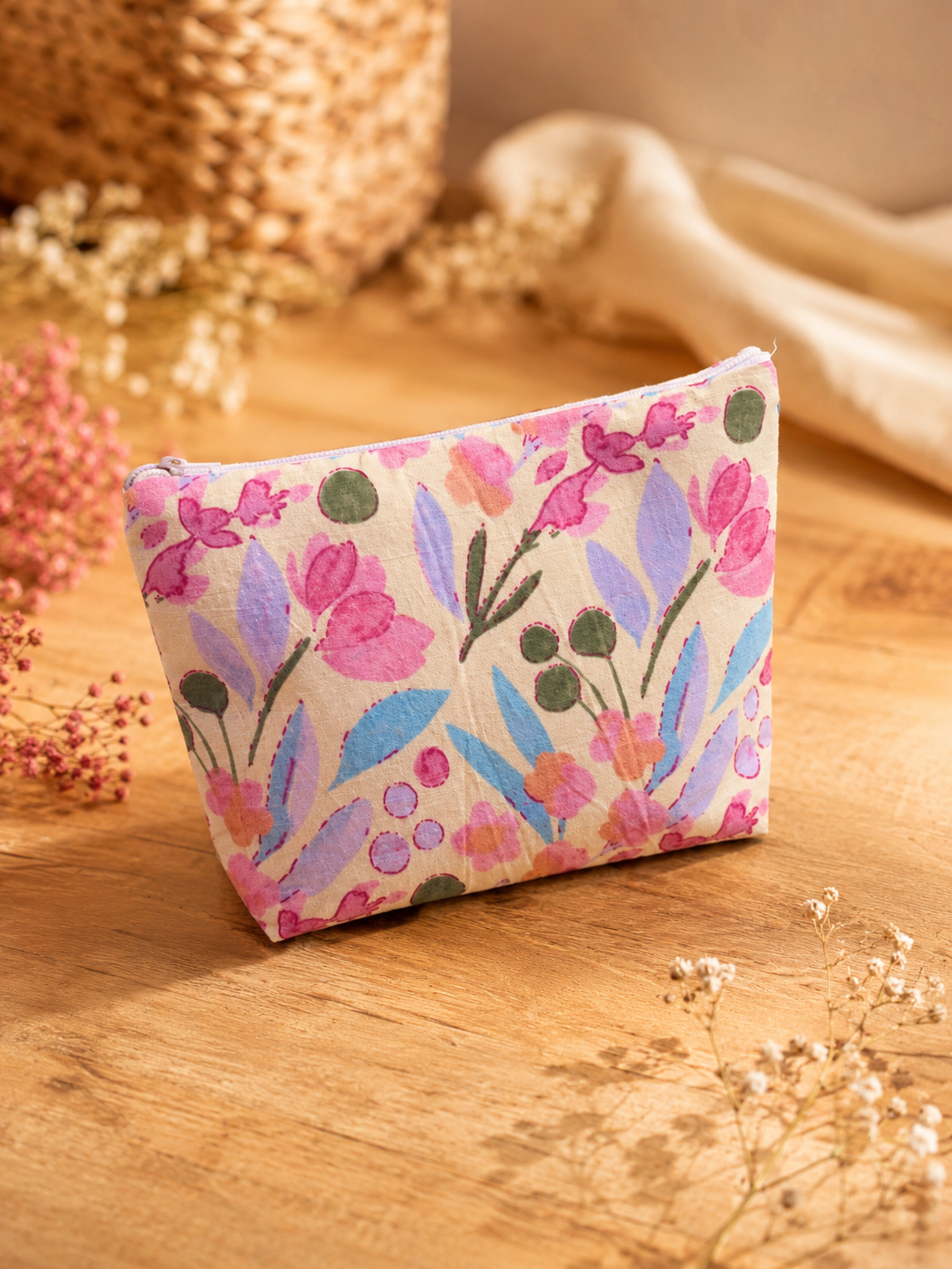Off-White Pastel Floral Skincare & Makeup Pouch