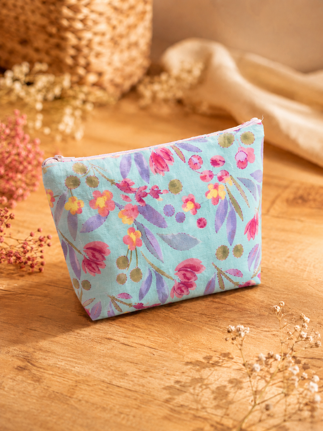 Sky Blue pastel floral Skincare/Makeup Pouch