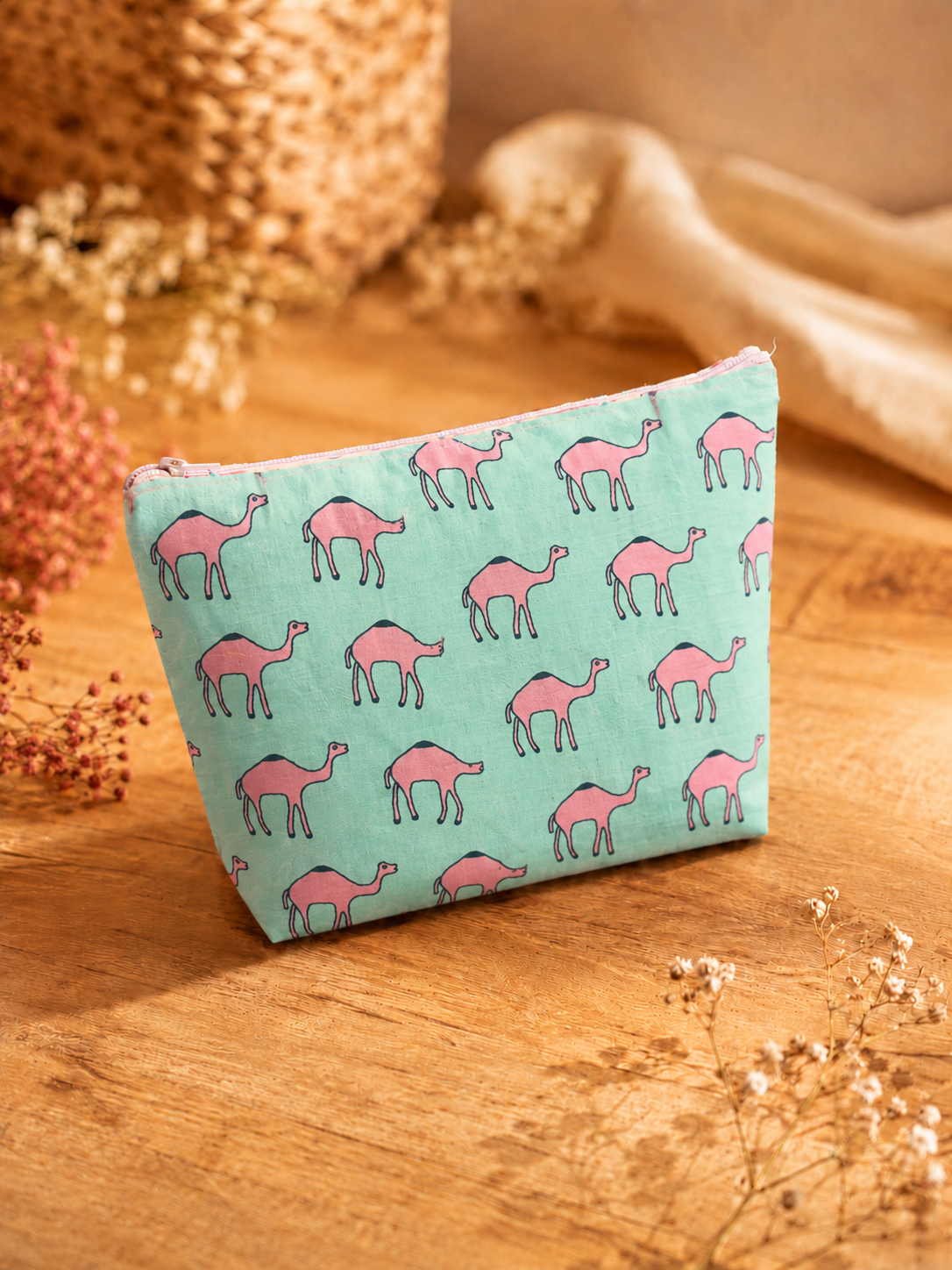 Blue Pink Camel Print Skincare & Makeup Pouch