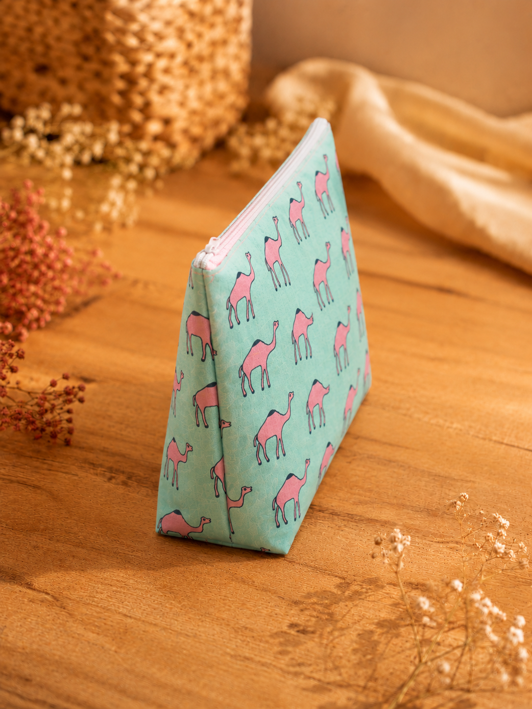 Blue Pink Camel Print Skincare & Makeup Pouch